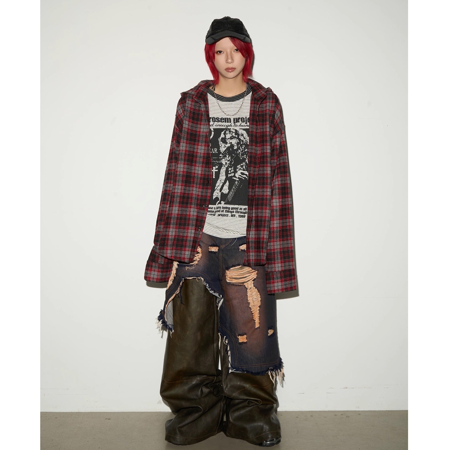 Wide-leg Spliced Leather Denim Pants MN9028