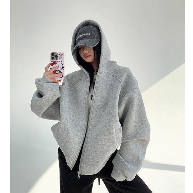 Switching Design Loose Zip Hooded Jacket OS2031