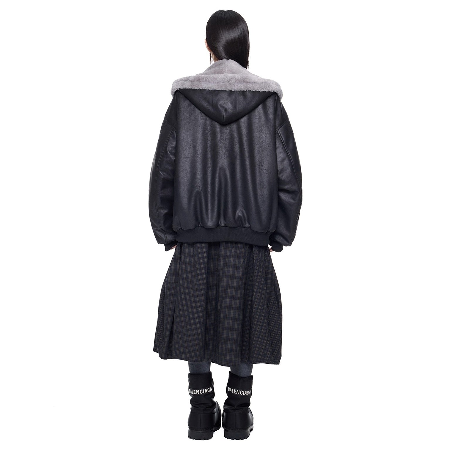 Furry Hooded PU Leather Loose Jacket EZ288