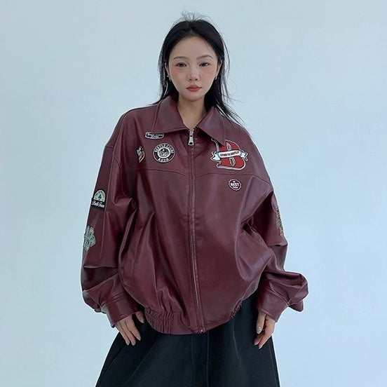 Vintage PU Leather Loose Embroidered Jacket OS2028
