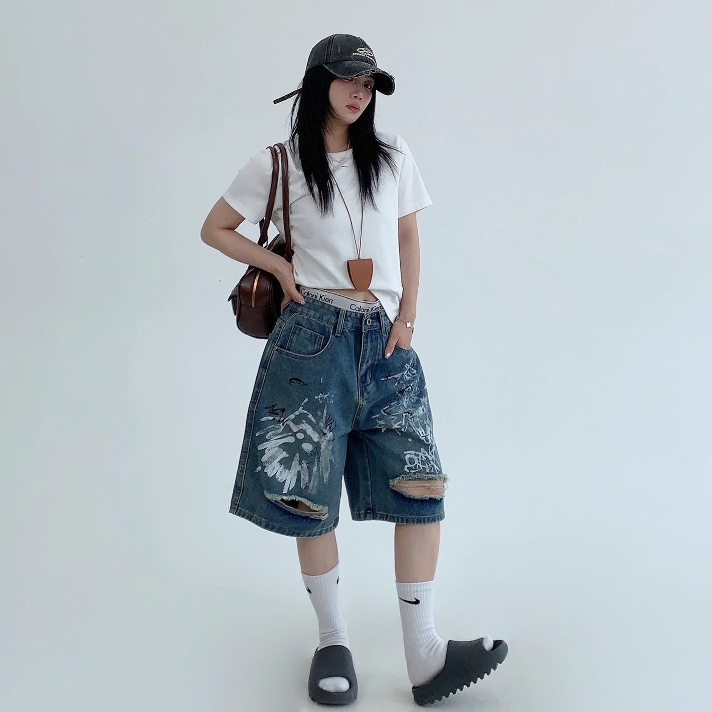 Graffiti Paint Ripped Denim Shorts MW10153