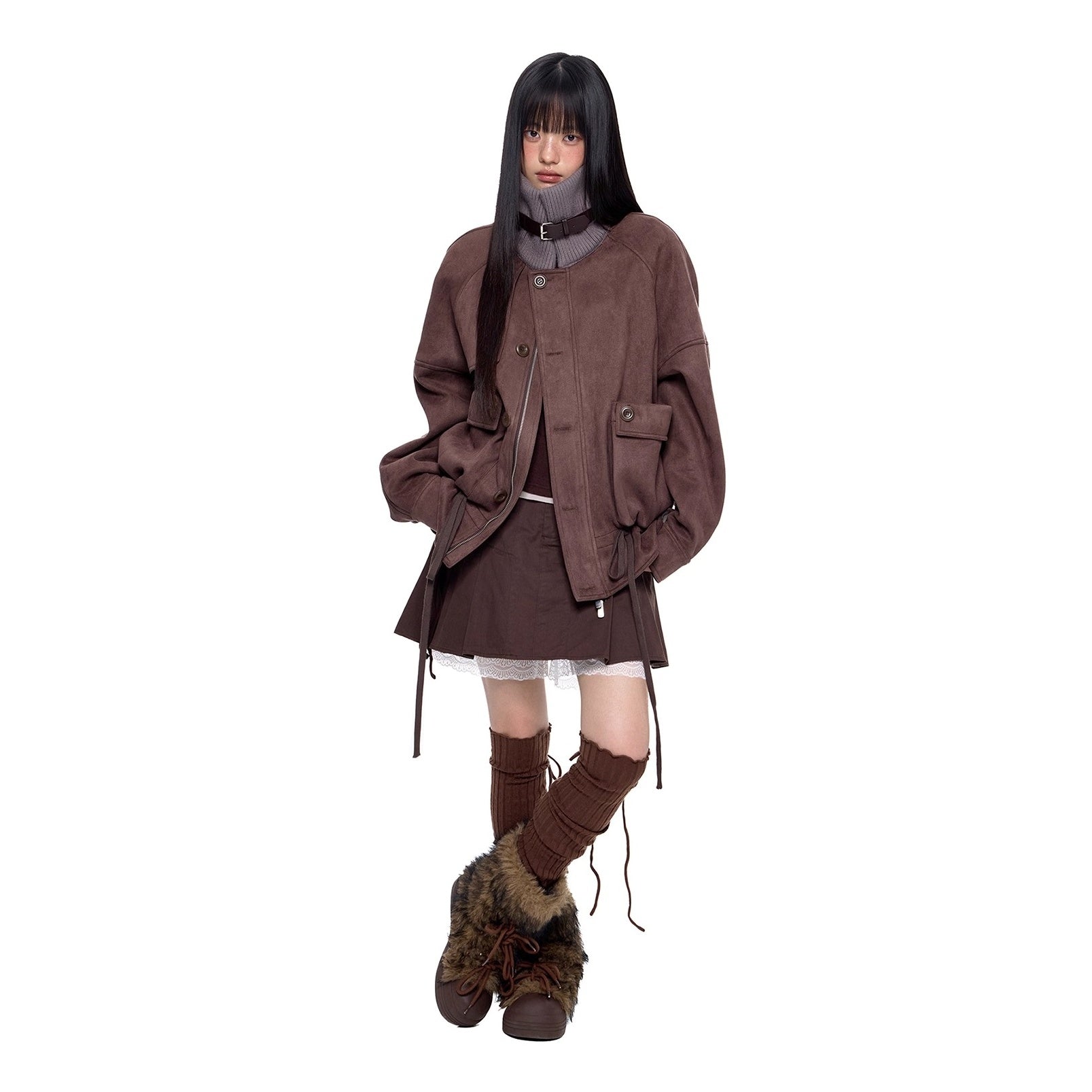Knitted High Neck Drawstring Faux Suede Jacket EZ252