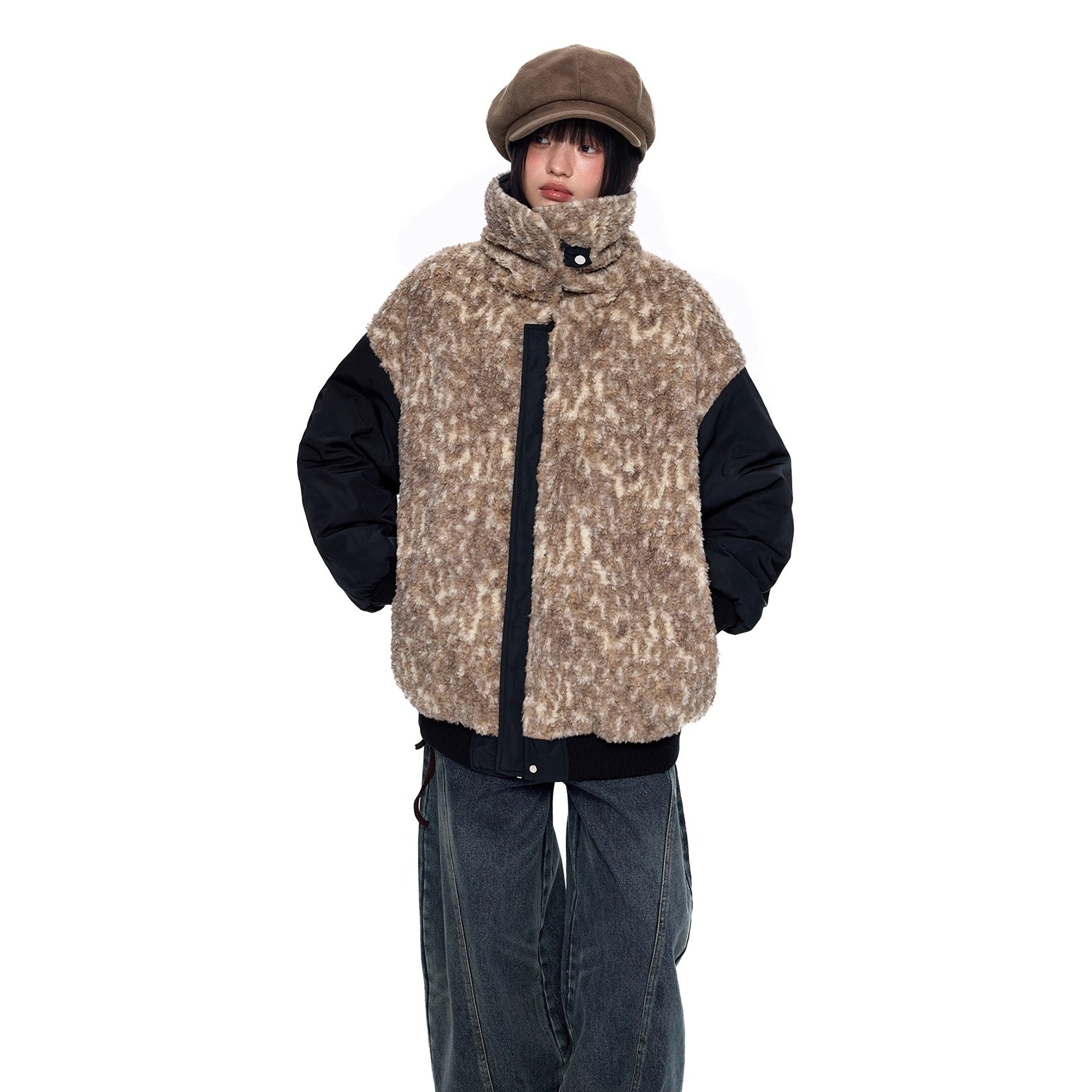 Fluffy Contrasting Lapels Reversible Jacket EZ283