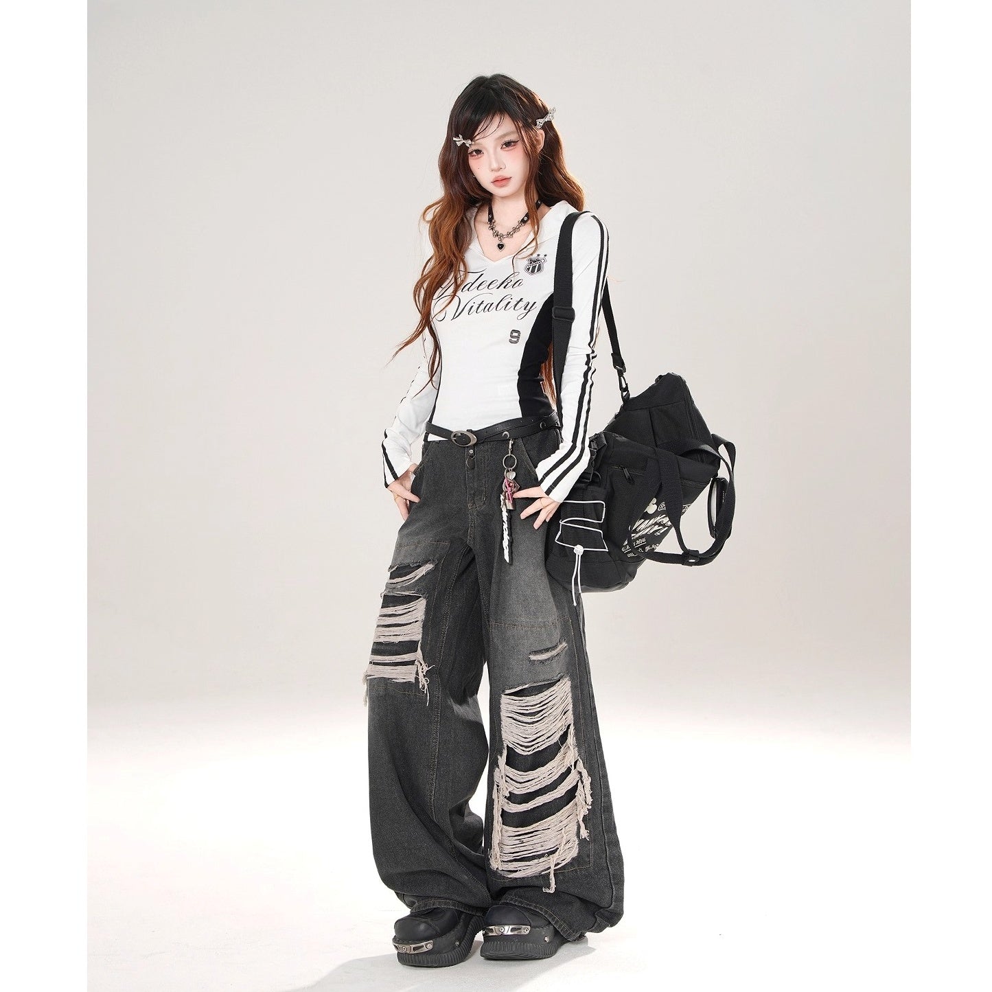 Sailor Collar Long-sleeved Bicolor T-shirt KK2079