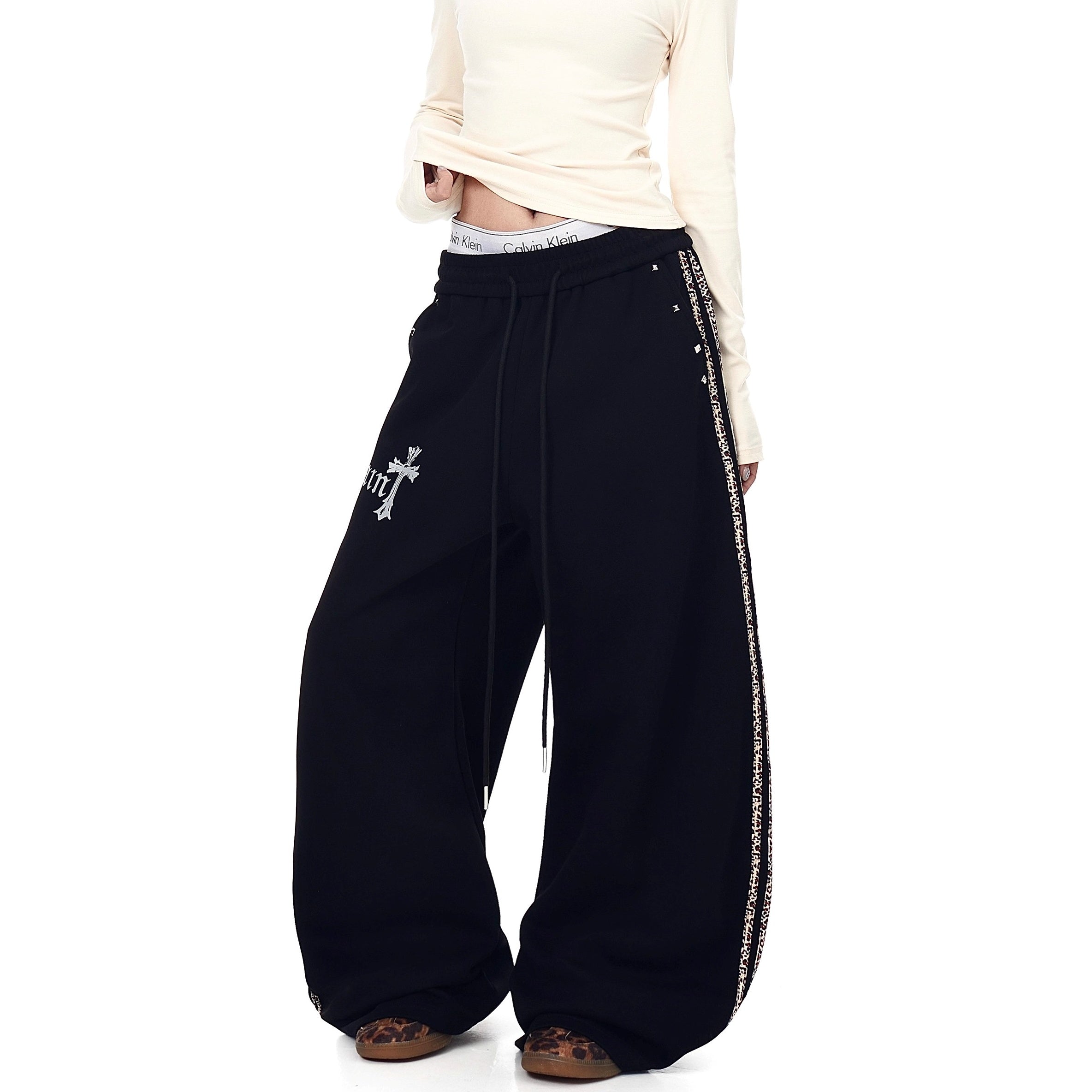 Leopard Print Spliced Rivet Curve Sweat Pants BK7058