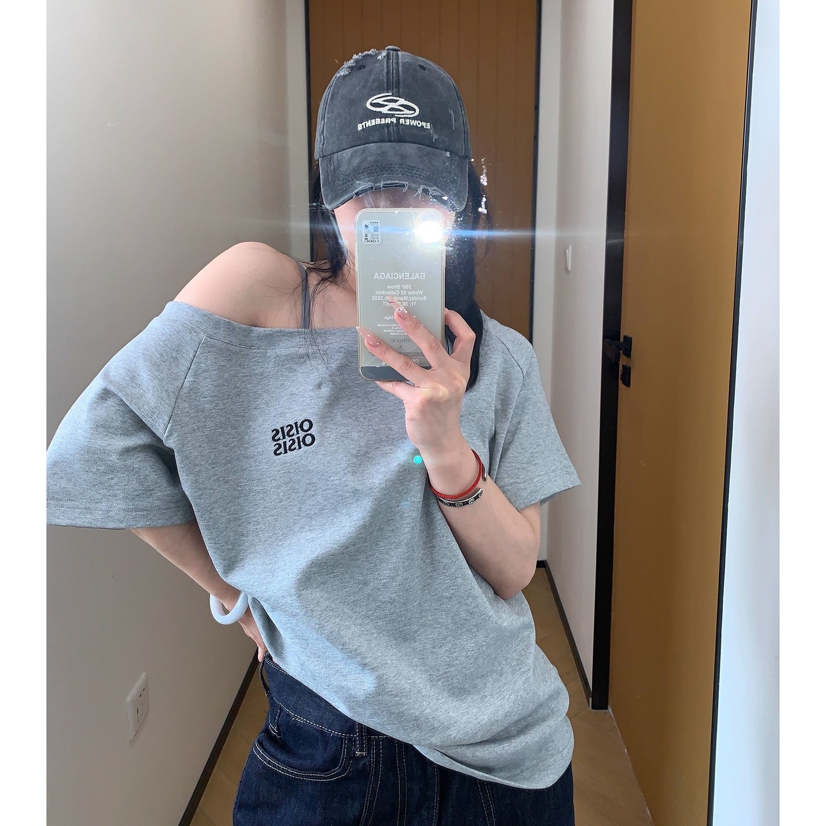 Cropped Slanted Shoulder Embroidered T-shirt OS2017