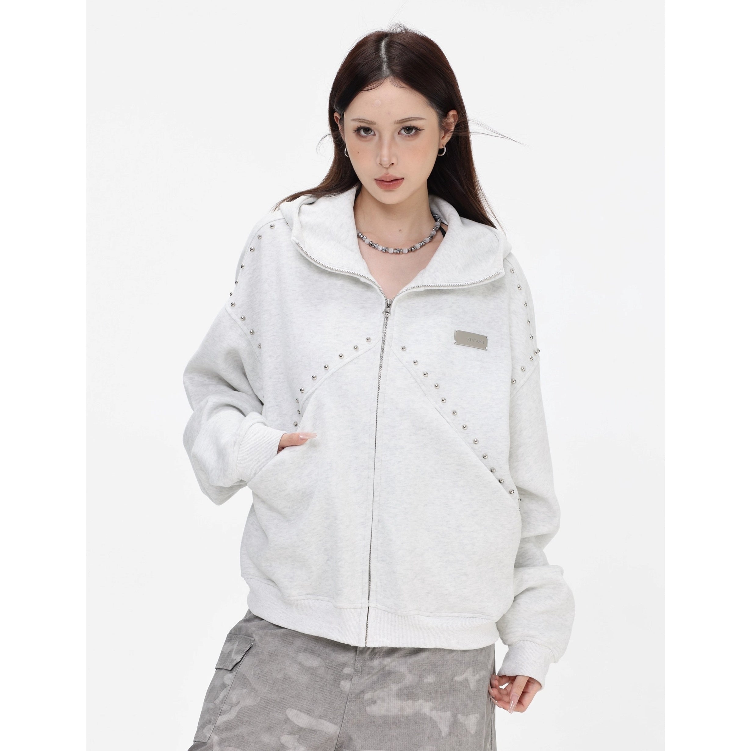 Stitched Rivet Zipper Hooded Jacket IN7016