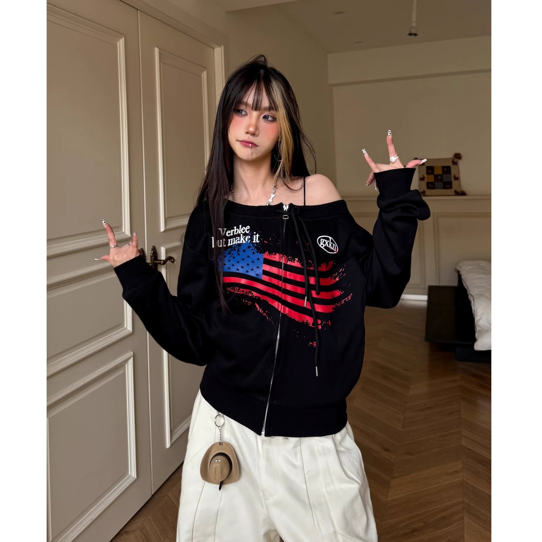 American Letter Print Zipper Sweat Cardigan MW10267
