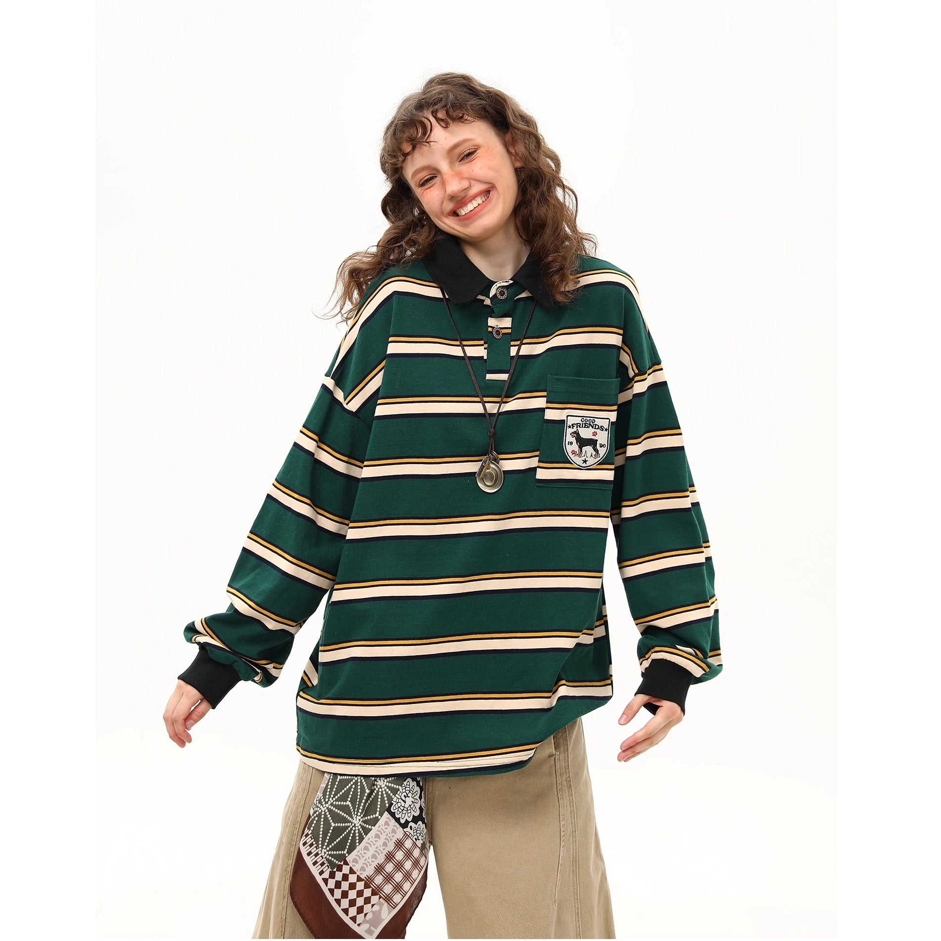 Preppy Style Border Long Sleeve Polo Shirt MW10251