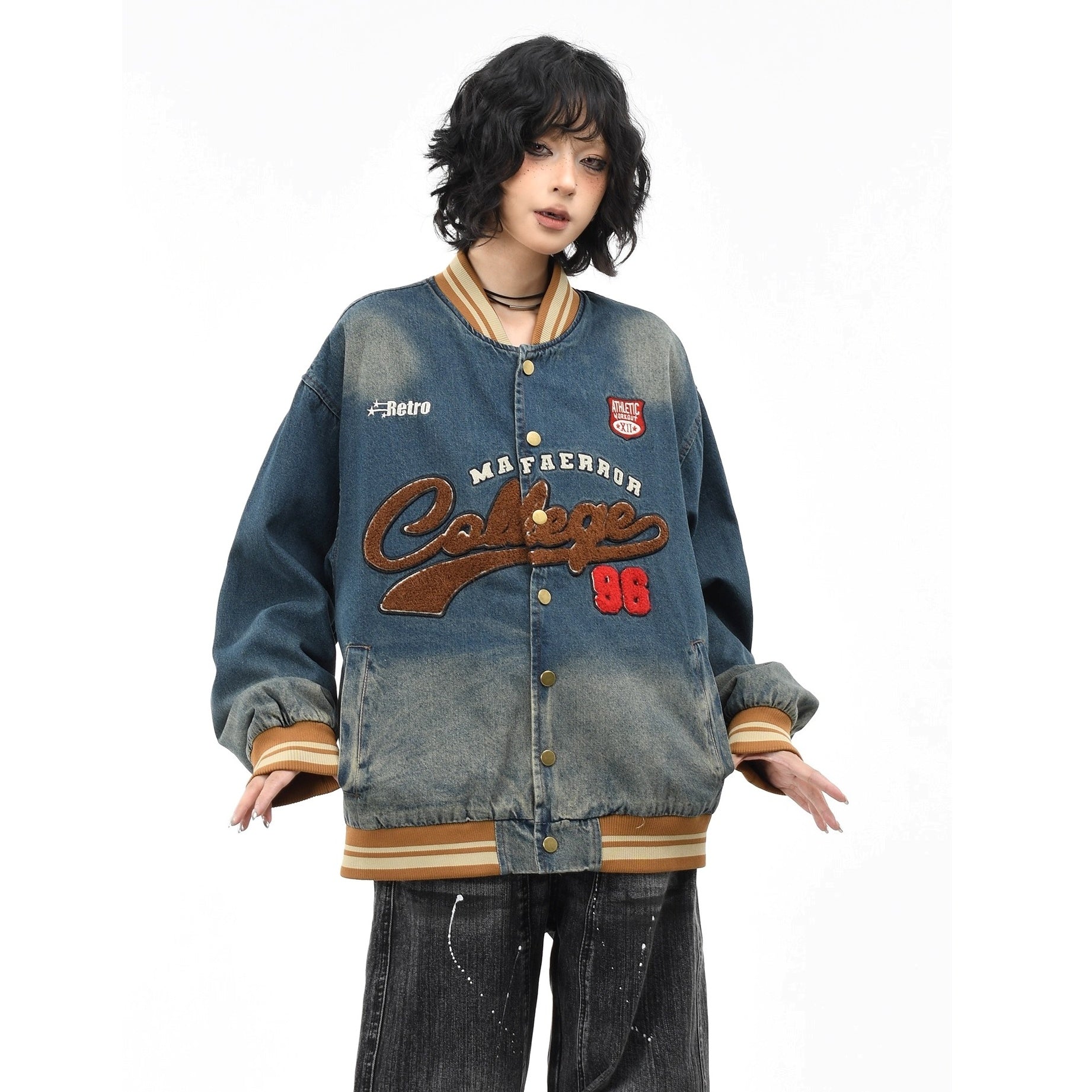Retro Washed Embroidered Denim Baseball Jacket MW10303