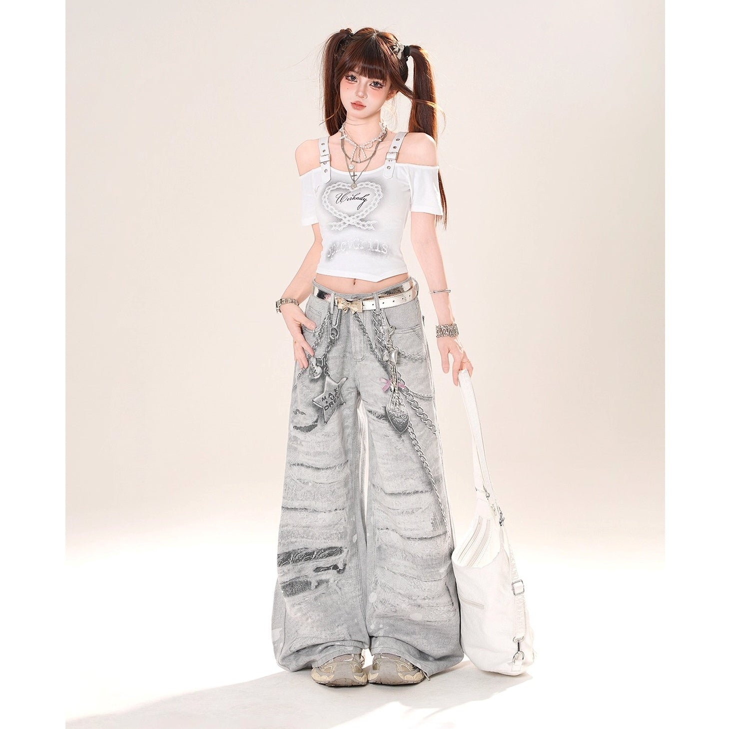 Chain＆Charm Print Loose Jeans KK2074