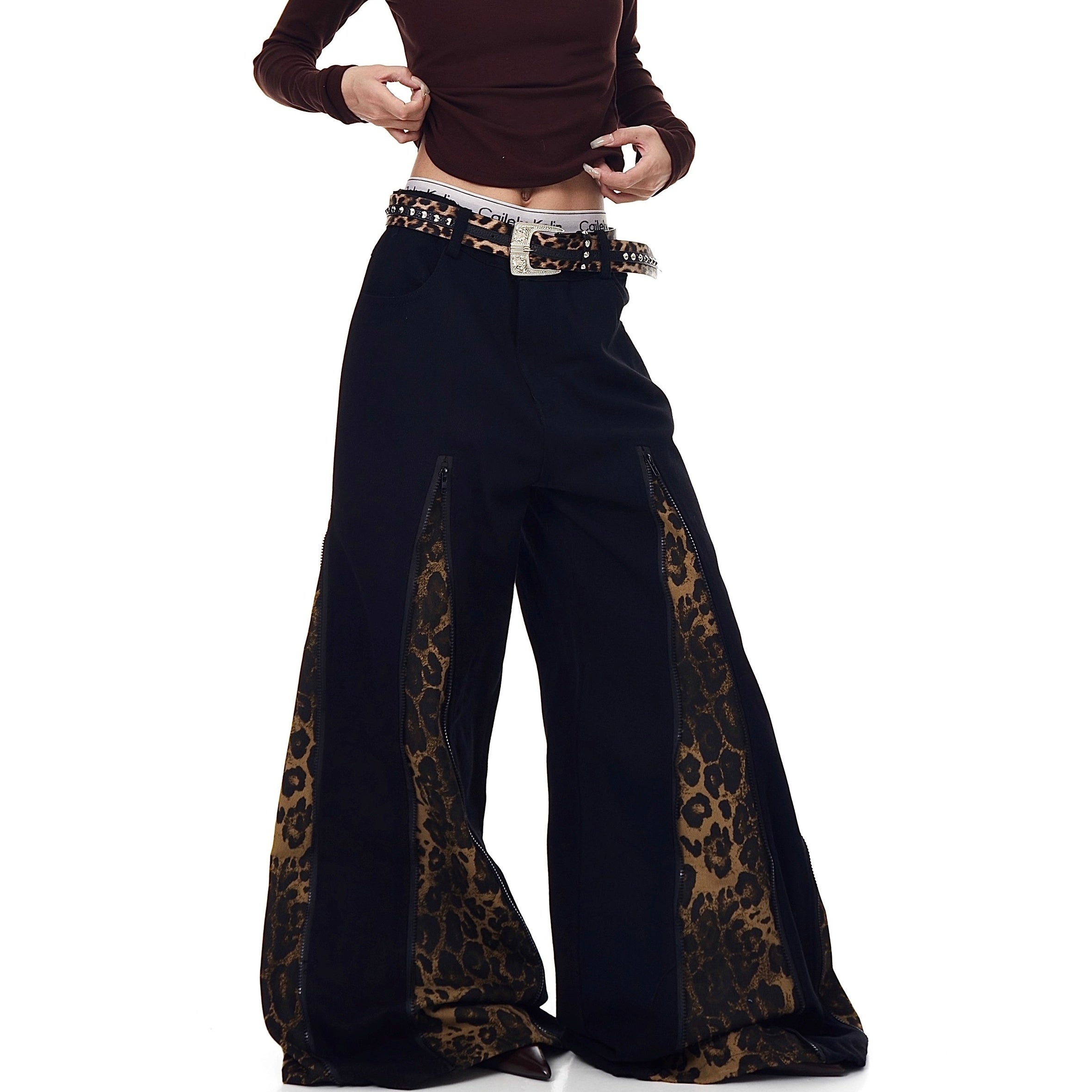 Zipper Stitch Leopard Patchwork Flare Jeans BK7019