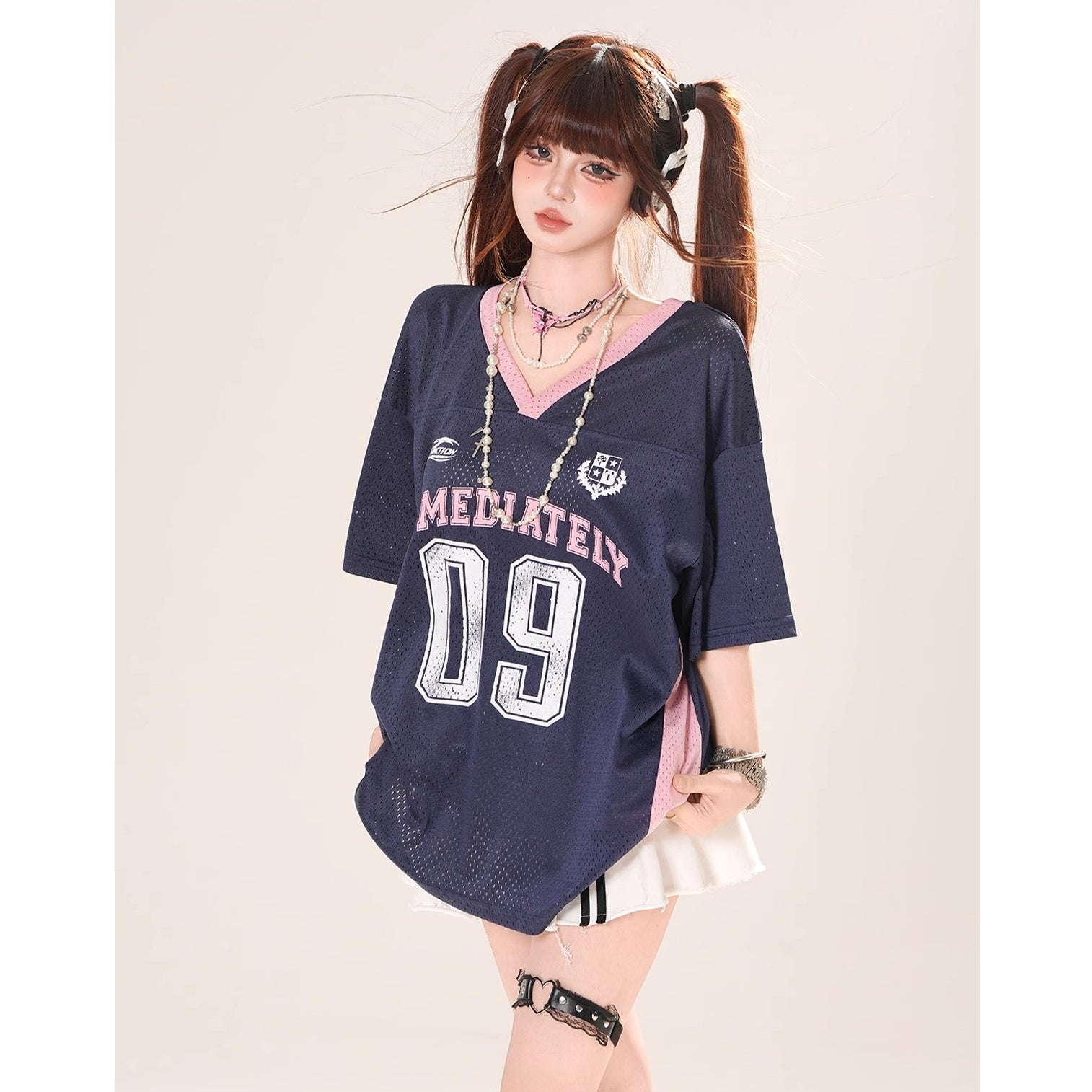 Drop-shoulder V-Neck Mesh T-Shirt KK2070