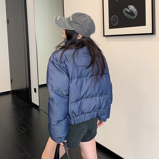 Denim Fabric Cropped Puffer Jacket OS2062