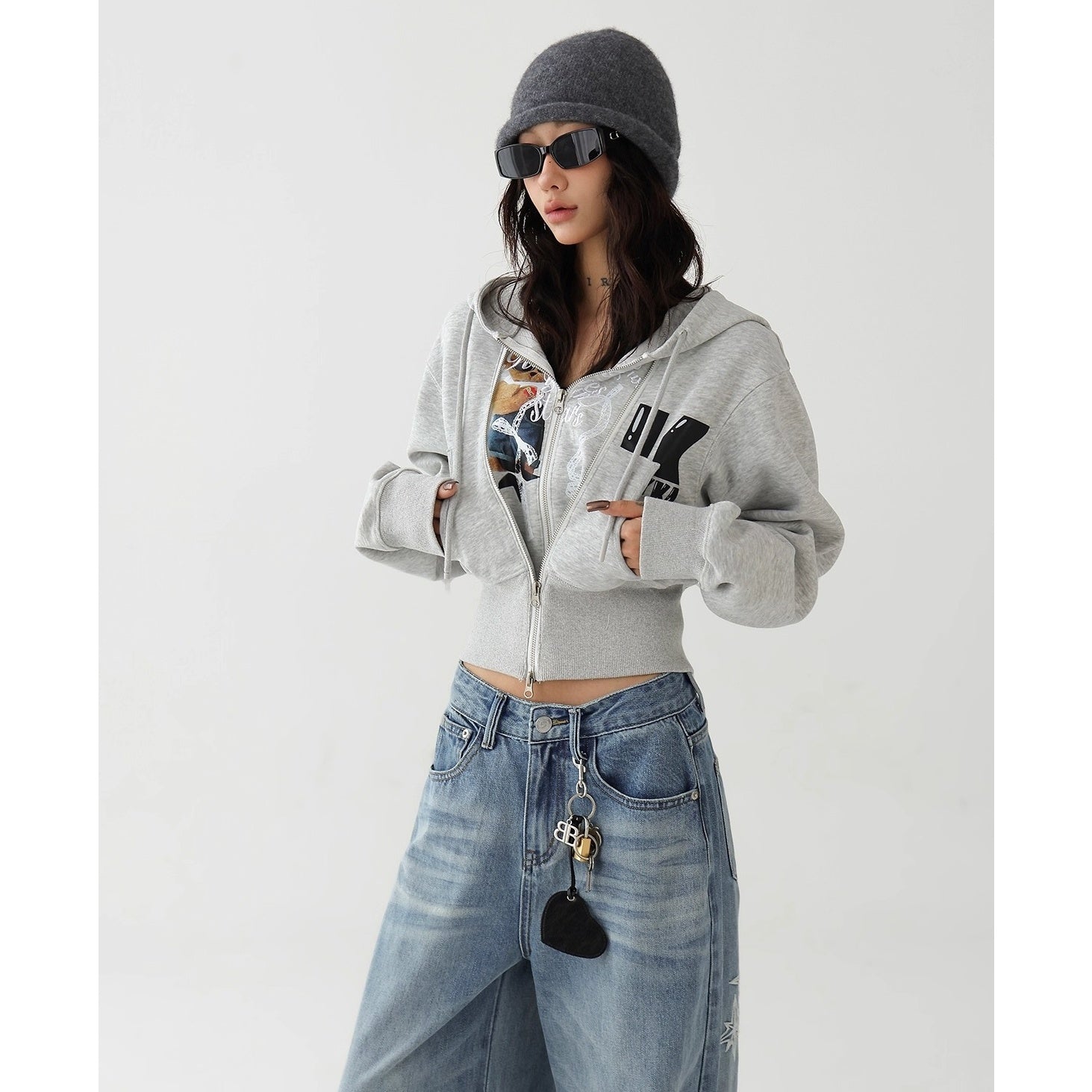 Fake Layered Bear Letter Embroidery Hooded Jacket AC7135