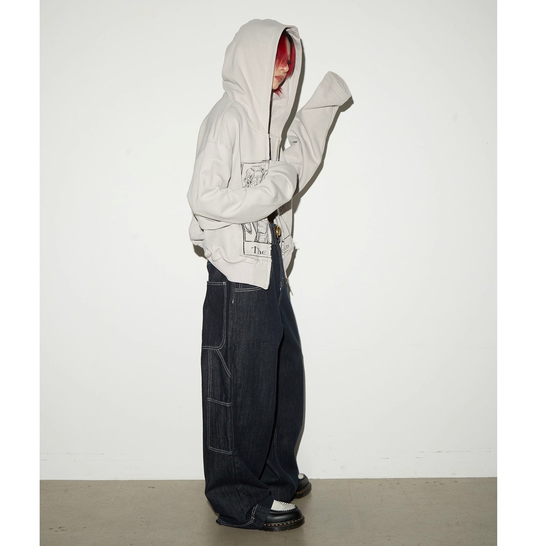 Monotone Print Double Zip Shorts Hooded Sweat MN9027
