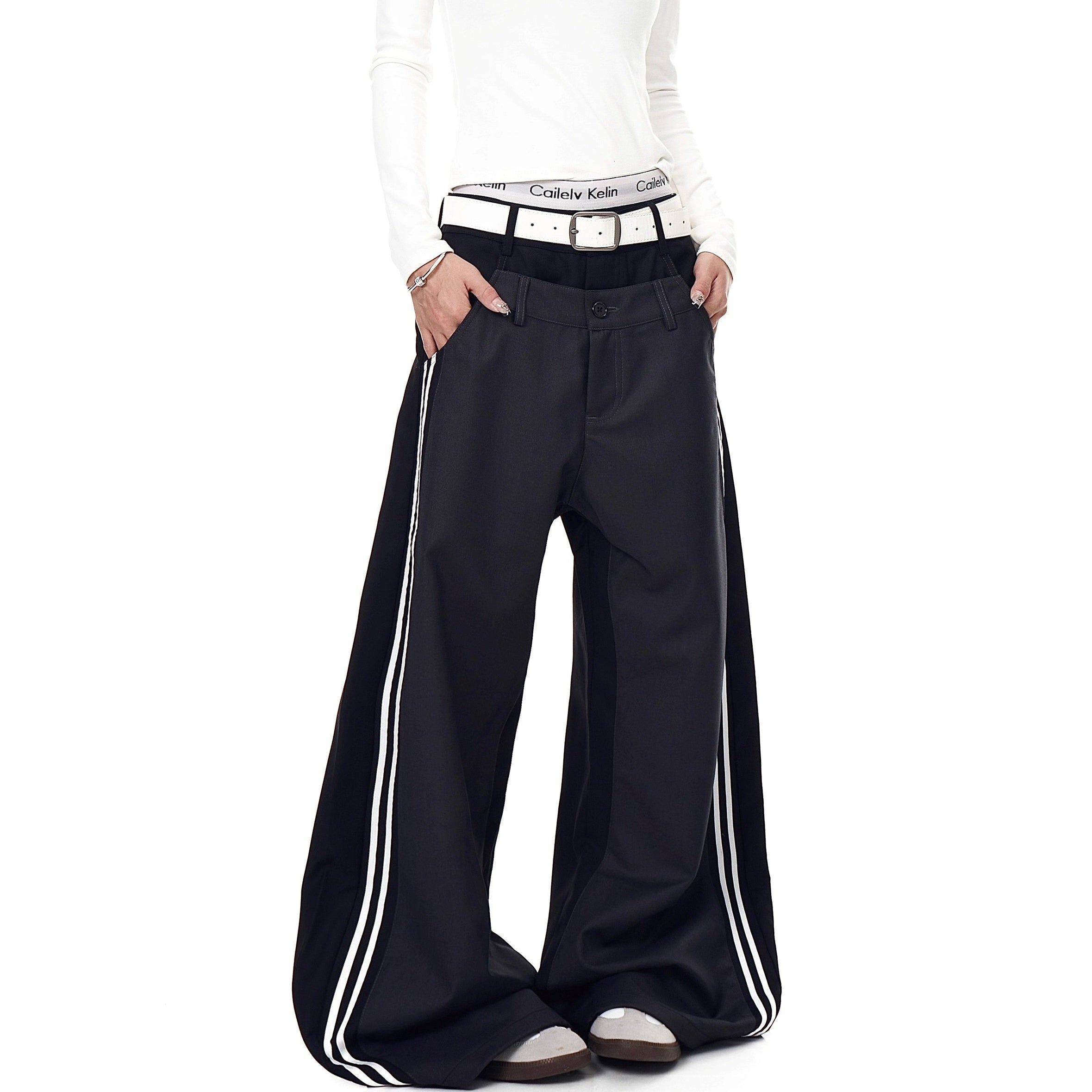 Double-Waisted Striped Wide Curve Pants BK7008