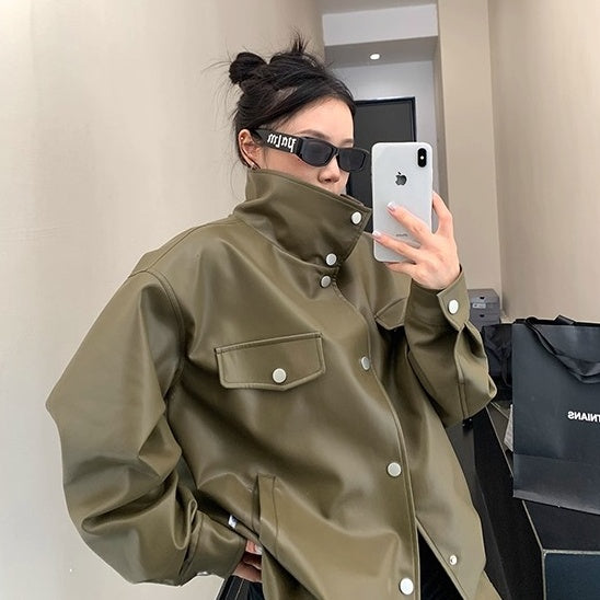 High-Neck PU Leather Jacket OS2046