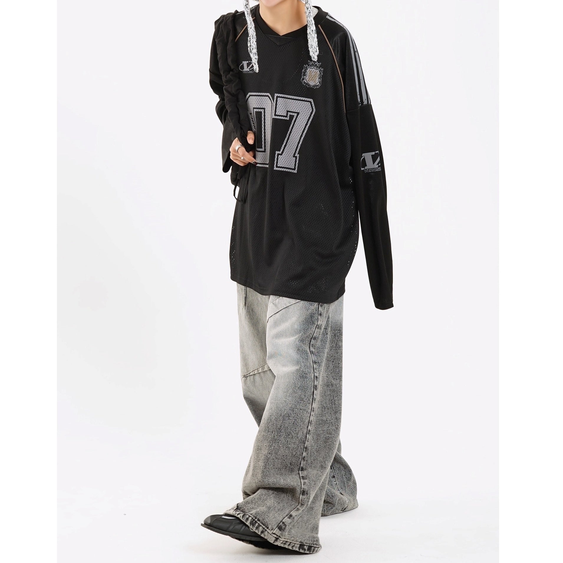Letter Print V-Neck Mesh Long Sleeve T-Shirt MW10255