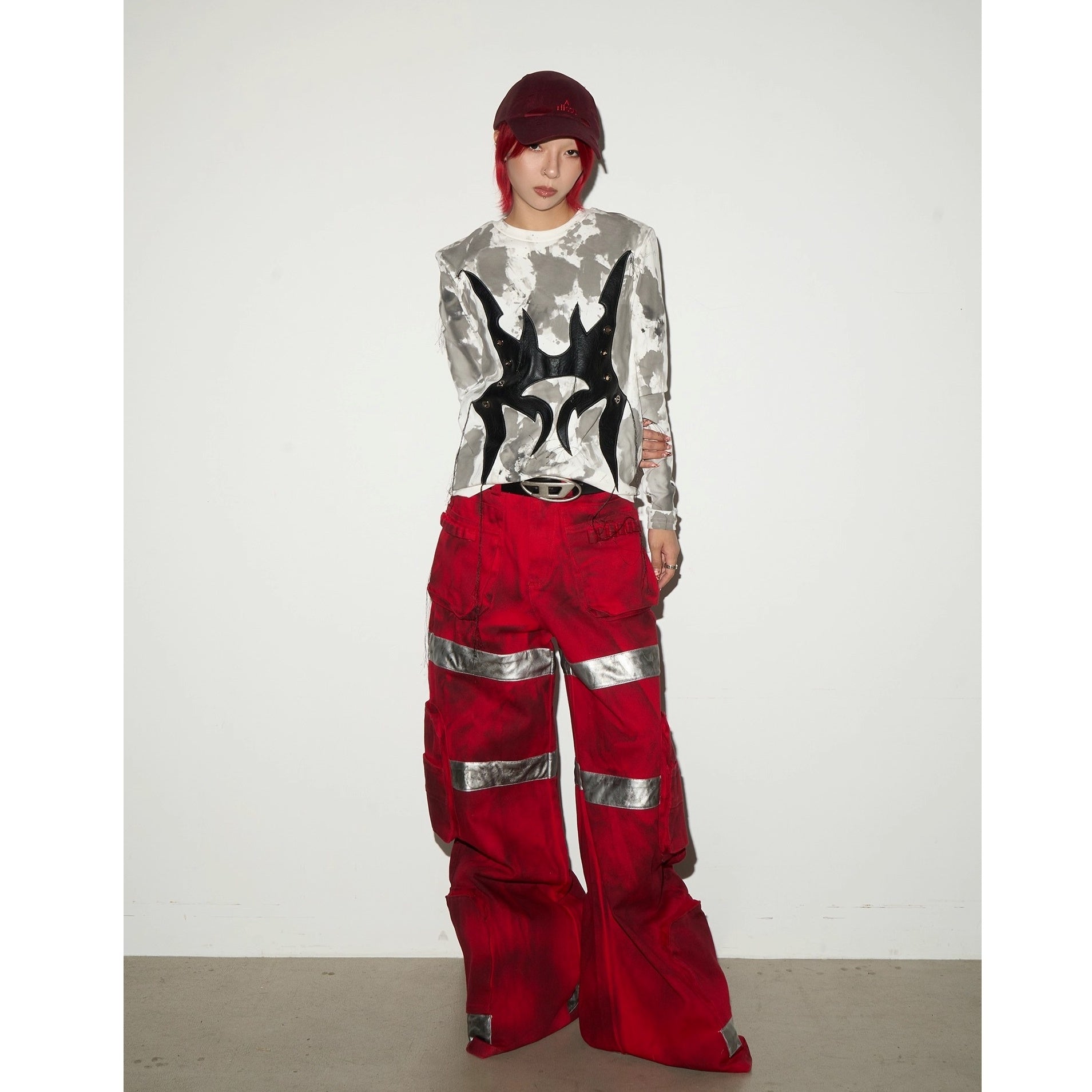 Dark Stained Dyeing Color-blocked Wide Fire Pants MN9029