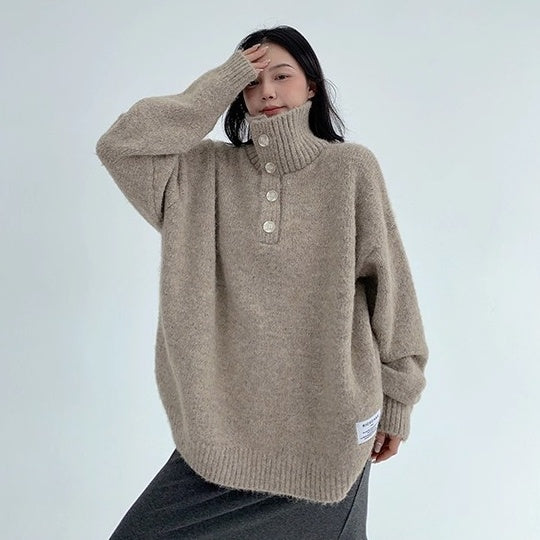 High Neck Half-Button Loose Sweater OS2054