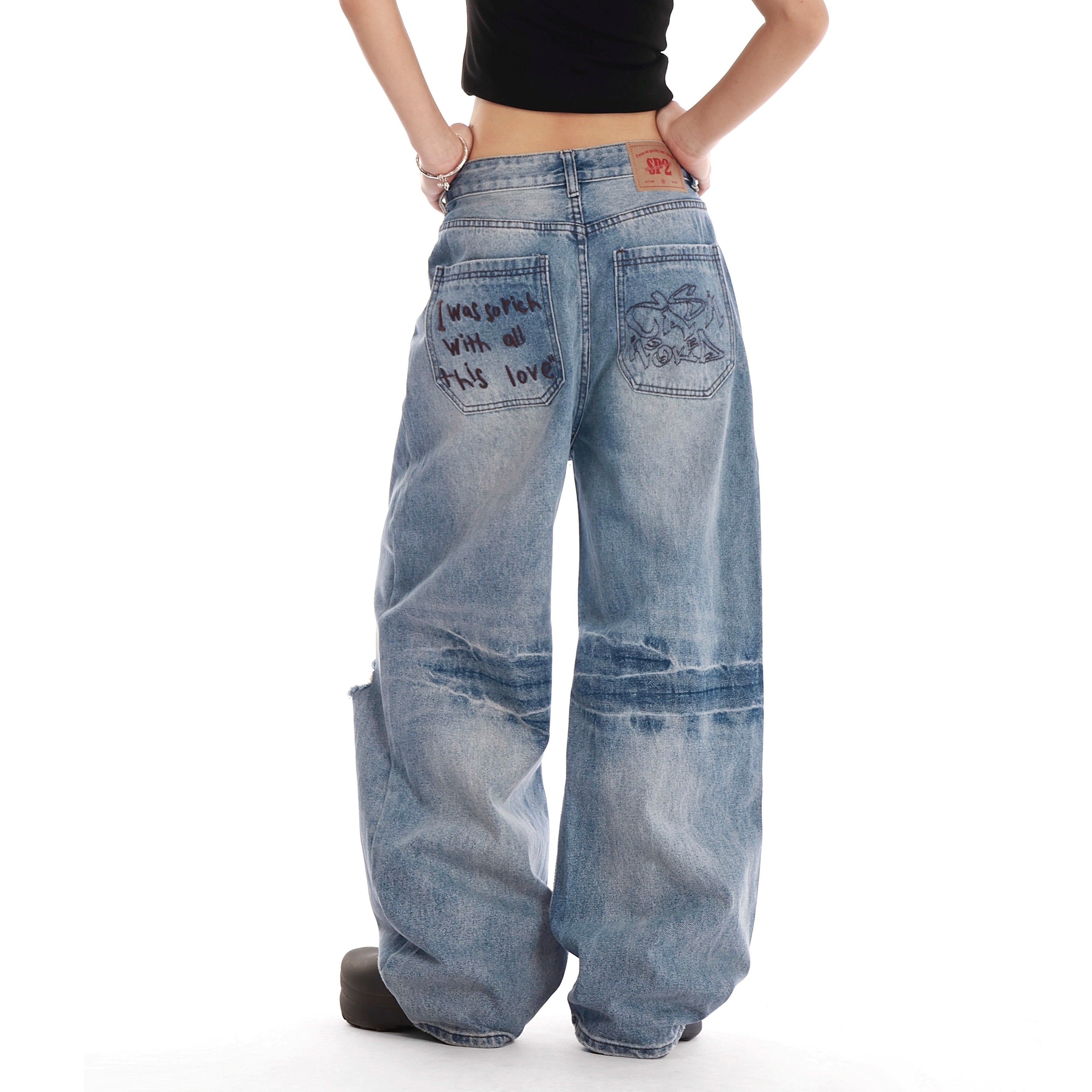 Retro Washed Embroidered Ripped Wide Jeans VI2007