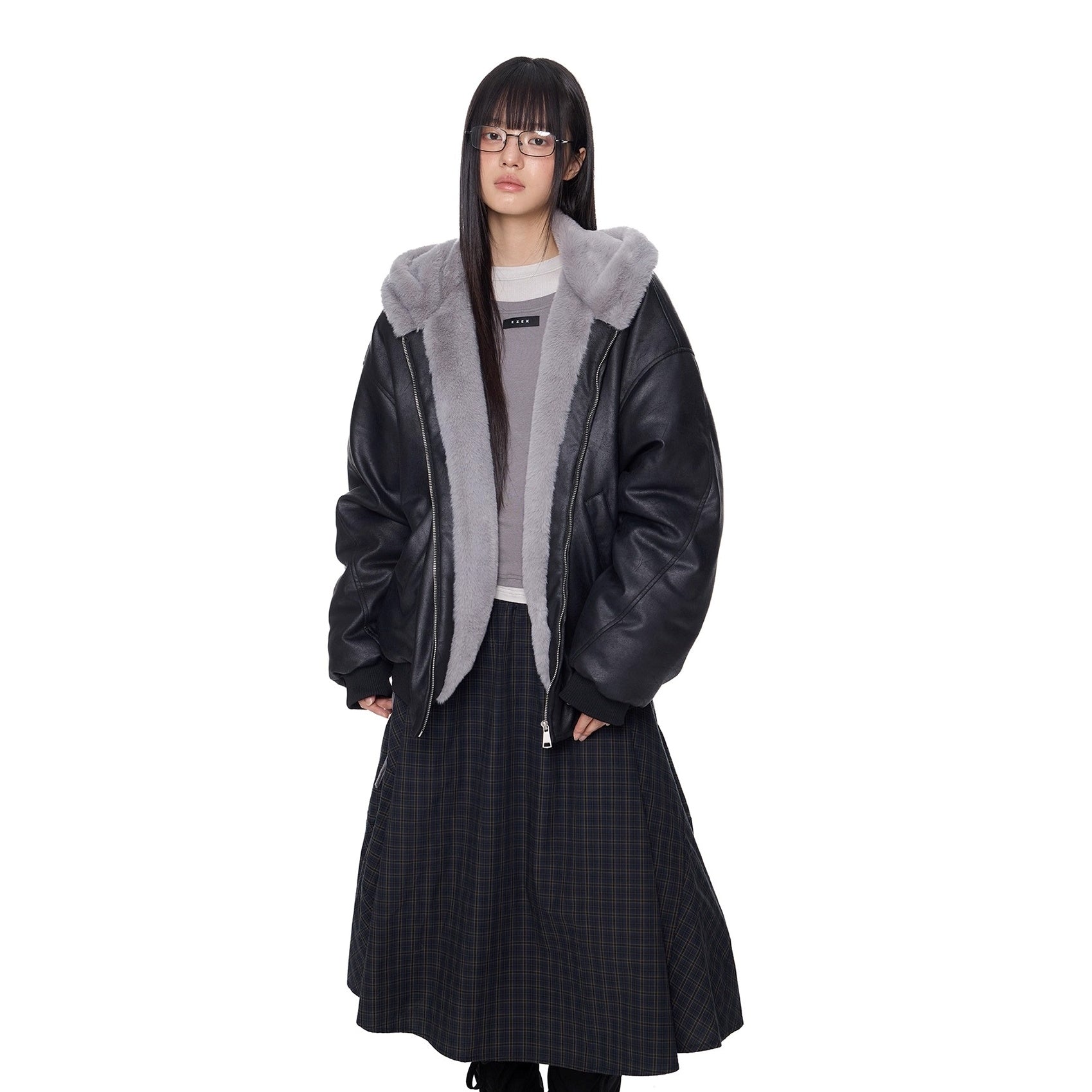 Furry Hooded PU Leather Loose Jacket EZ288