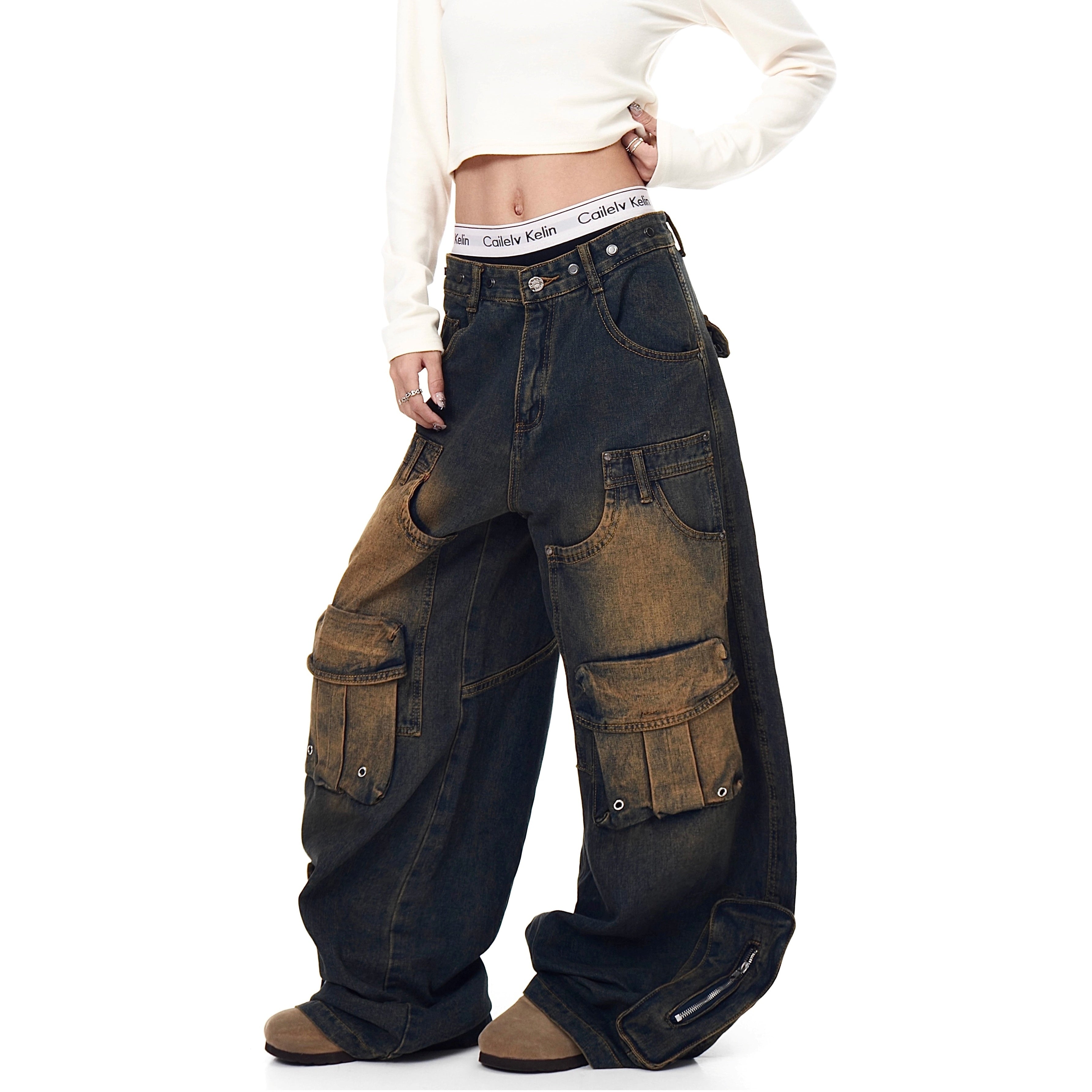 Deconstructed Multi-Pocket Damage Wide Jeans BK7004