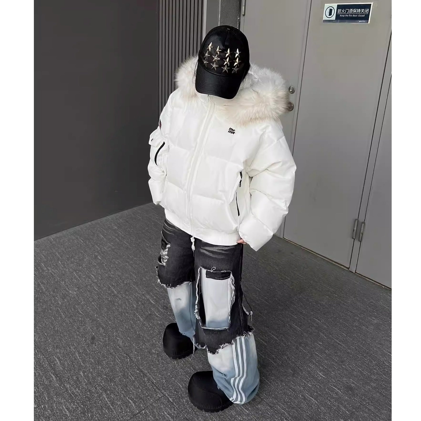 Fake Two Pieces Punk Denim Patchwork Flare Pants MW10338