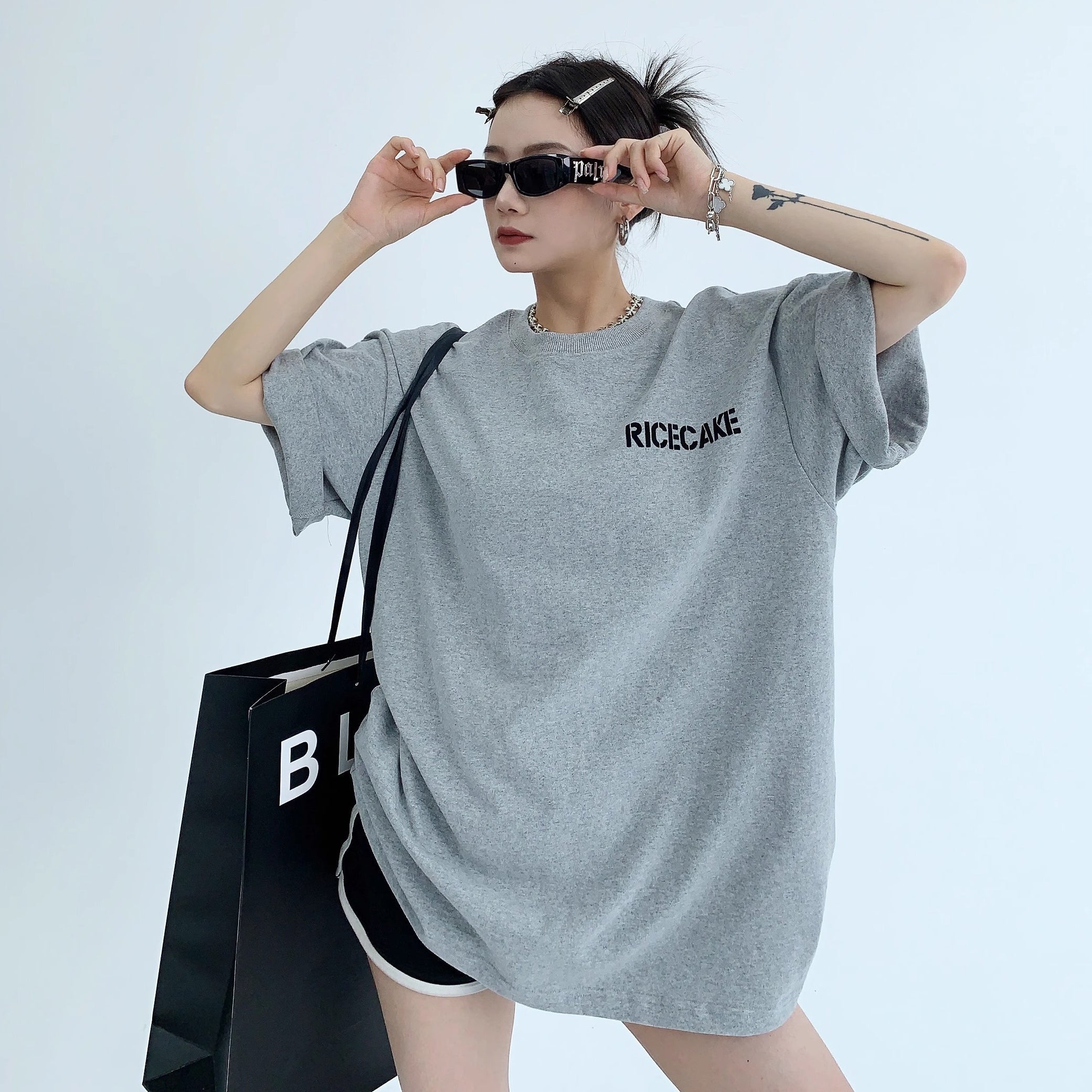 Simple Flocking Print Loose T-shirt OS2006