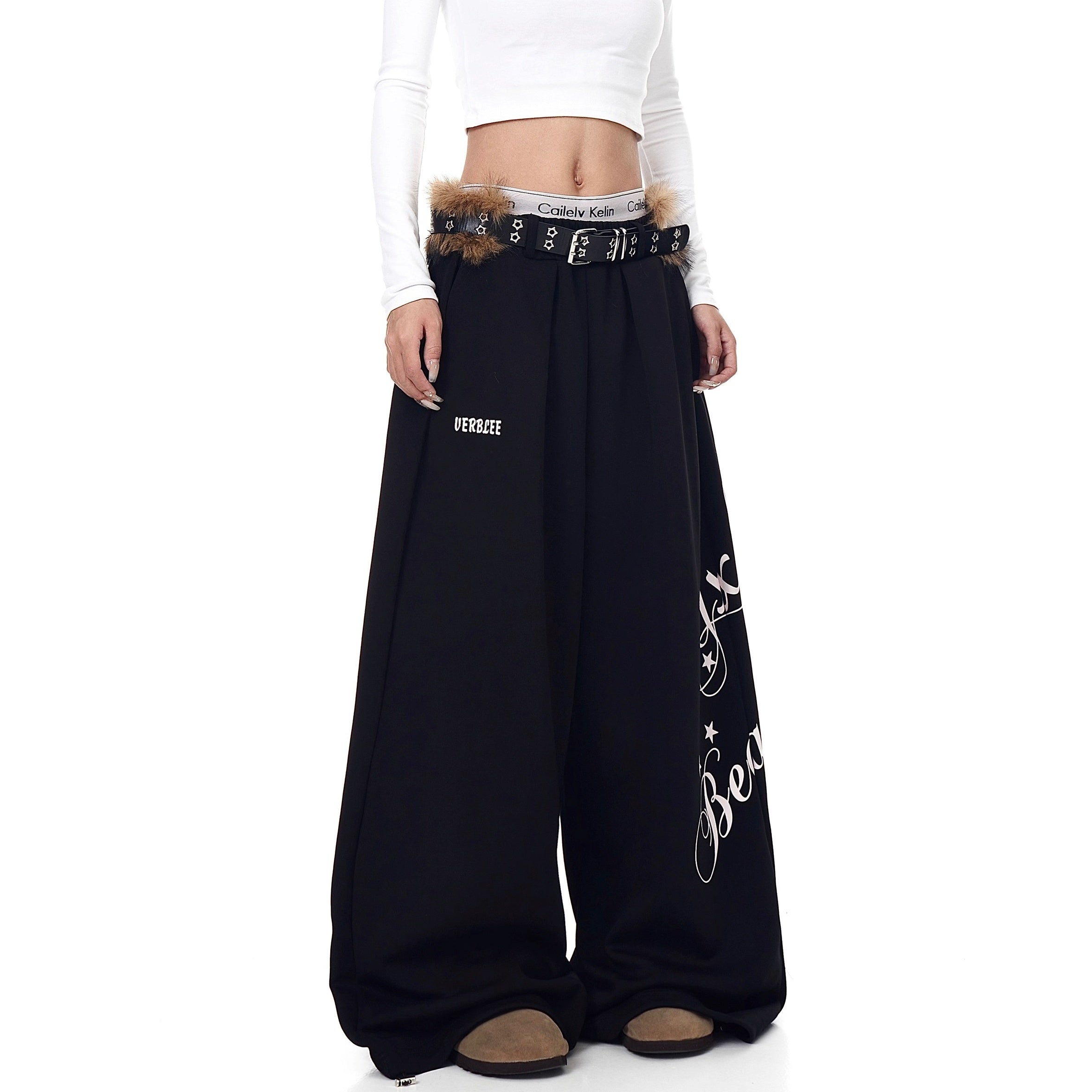 Letter Print Wide Sweat Pants With Fur Belt BK7026