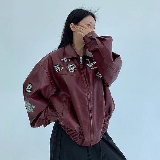Vintage PU Leather Loose Embroidered Jacket OS2028