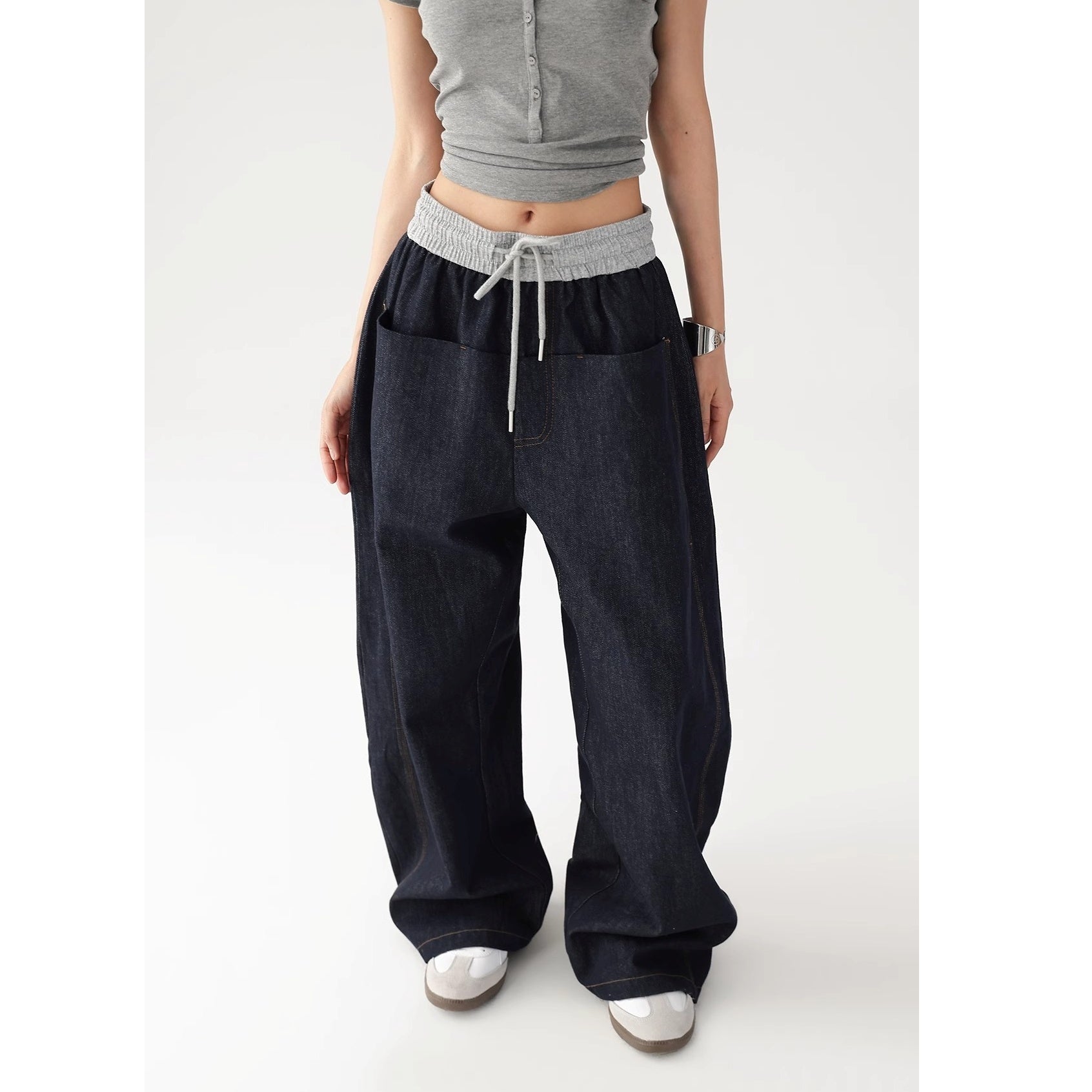 Panelled Elasticated Waistband Loose Curve Jeans AC7121