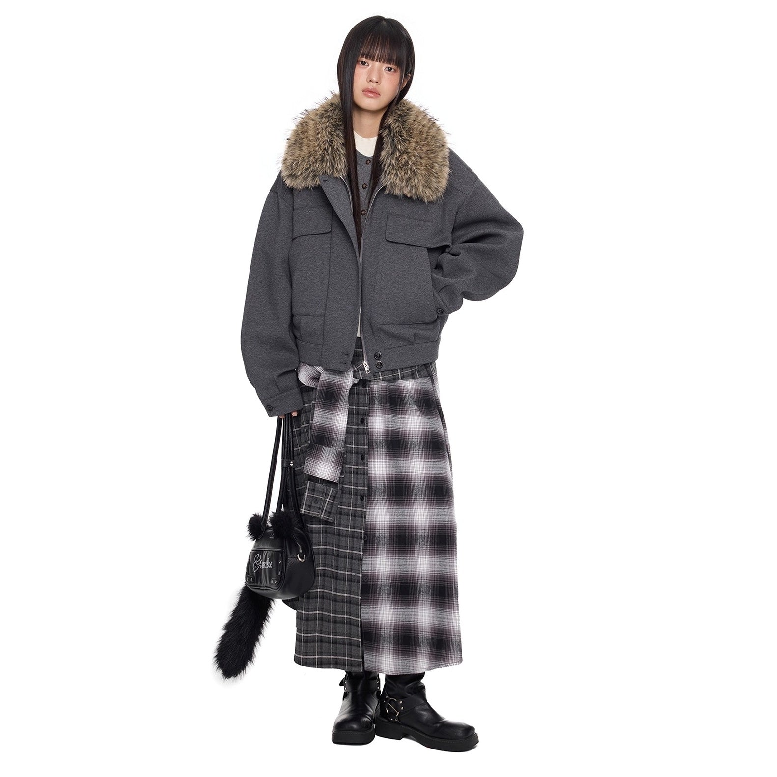 Fur Neck Pocket Cropped Jacket EZ285