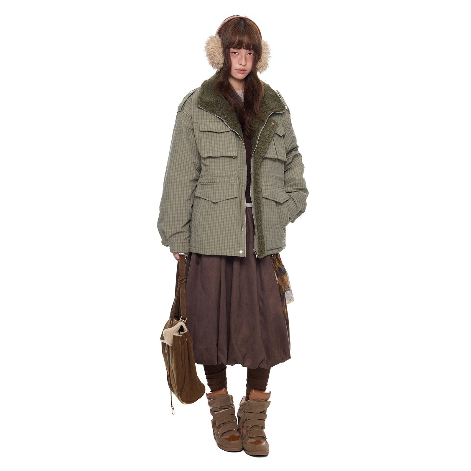 Fluffy Plaid Cargo Pocket Padded Jacket EZ284