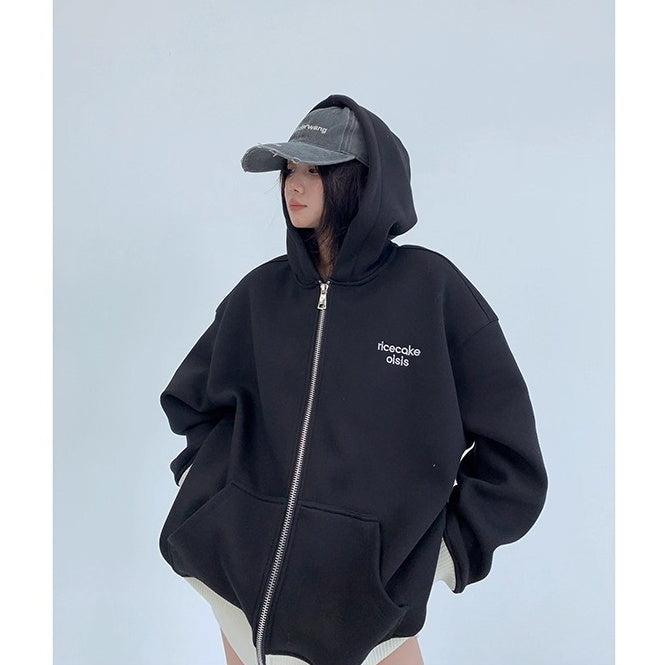 Contrast Embroidery Zip Hooded Jacket OS2043