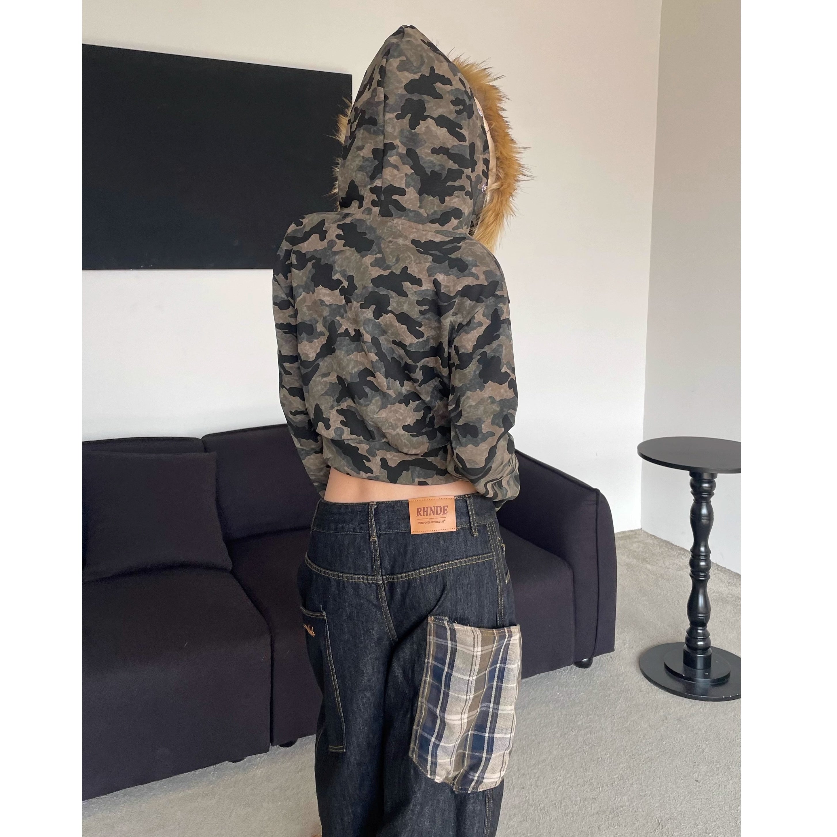 Fur Collar Camouflage Rhinestone Cropped Hoodie Parka MW10302