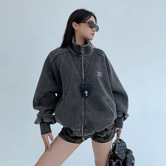 Damage Washed Stand Collar Casual Jacket OS2048