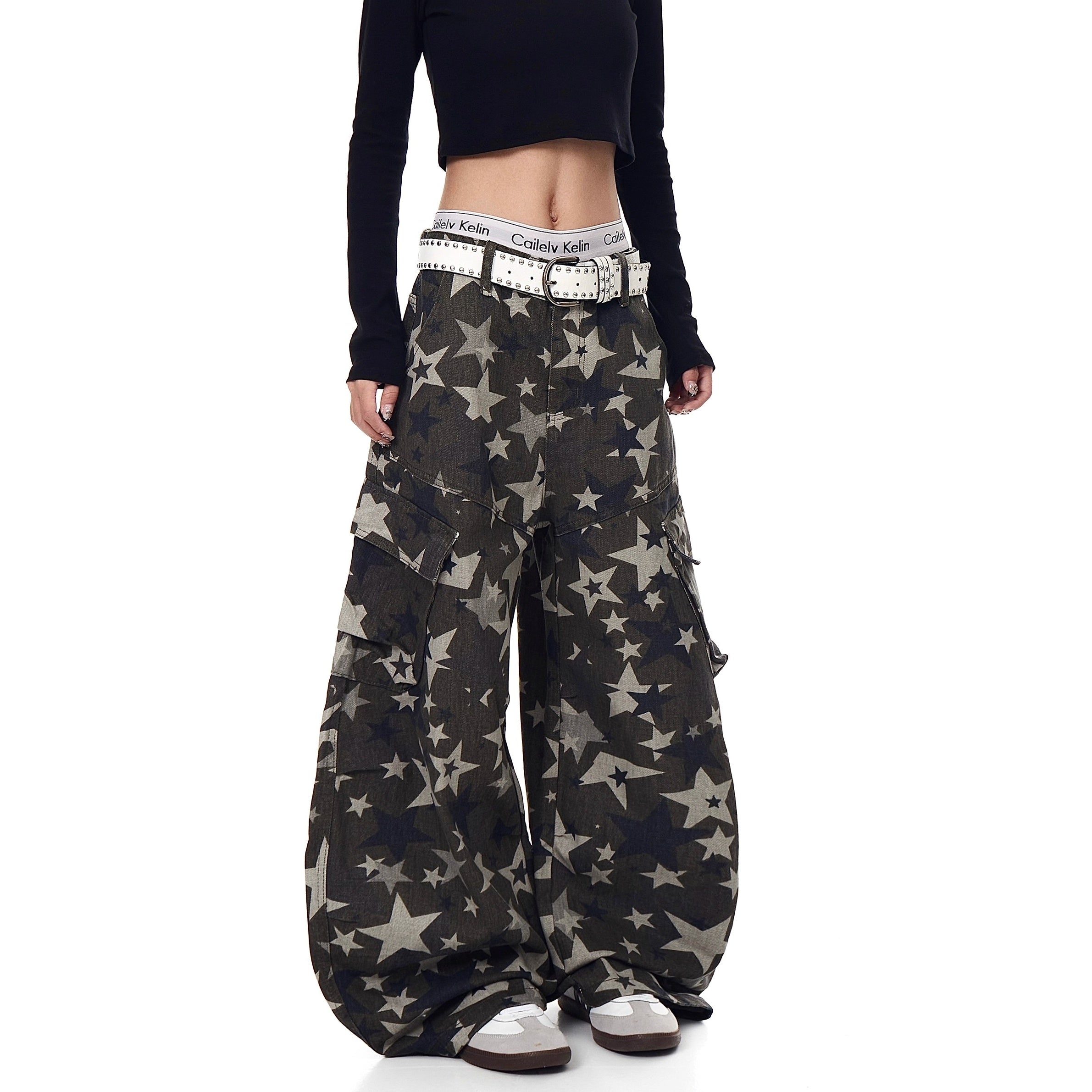 Star Camouflage Wide-Leg Cargo Curve Pants MW10274