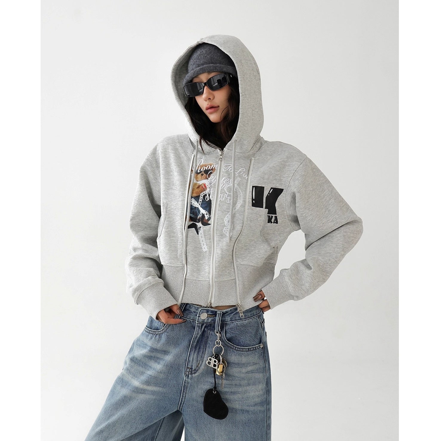 Fake Layered Bear Letter Embroidery Hooded Jacket AC7135