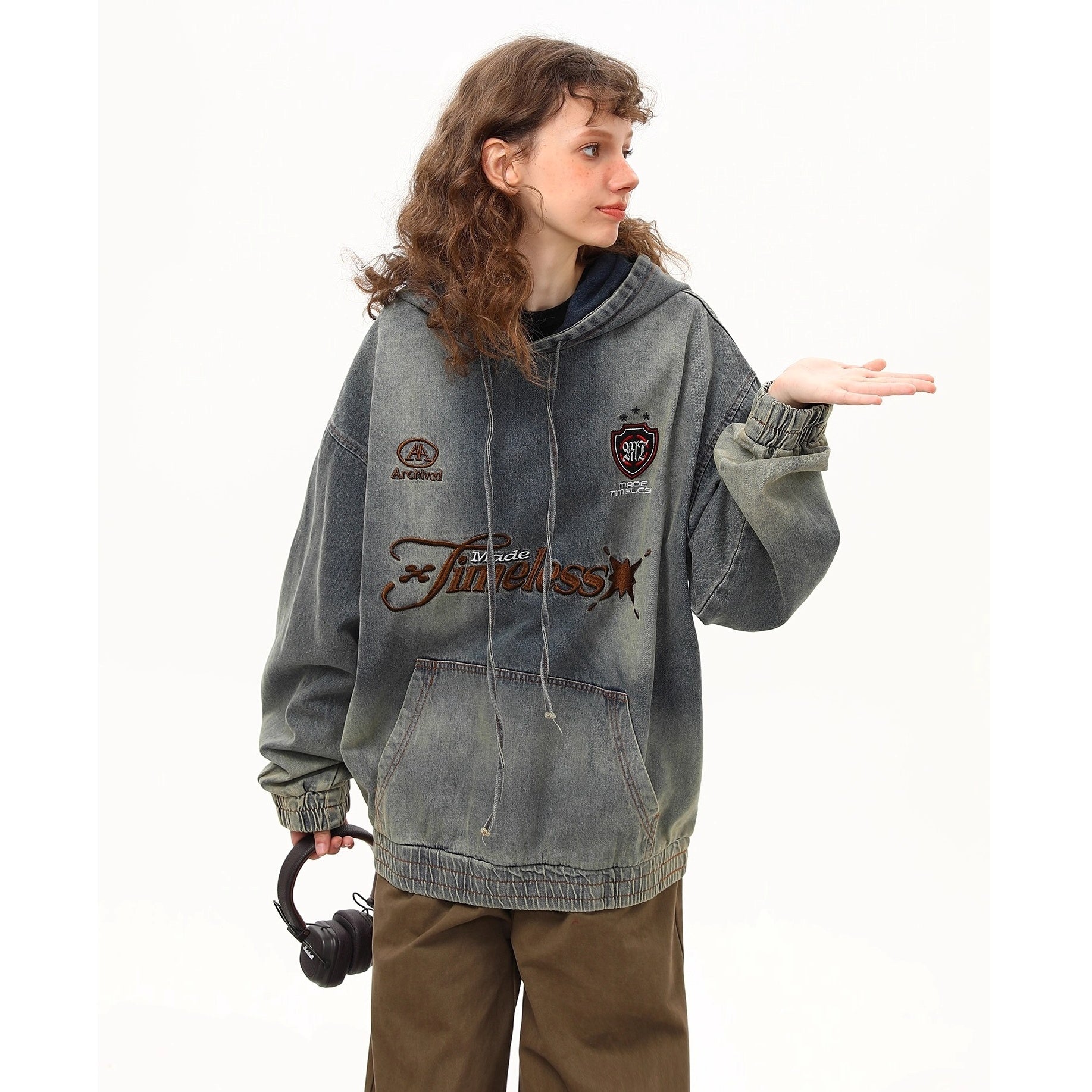 Vintage Embroidery Washed Denim Hoodie MW10261