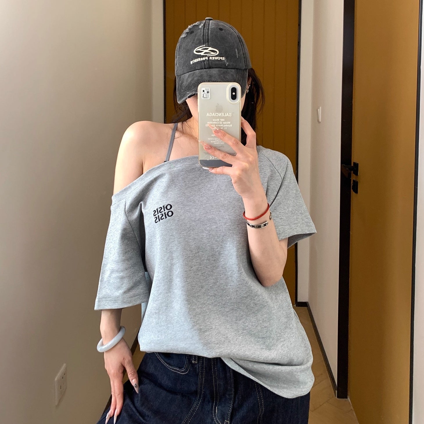 Cropped Slanted Shoulder Embroidered T-shirt OS2017
