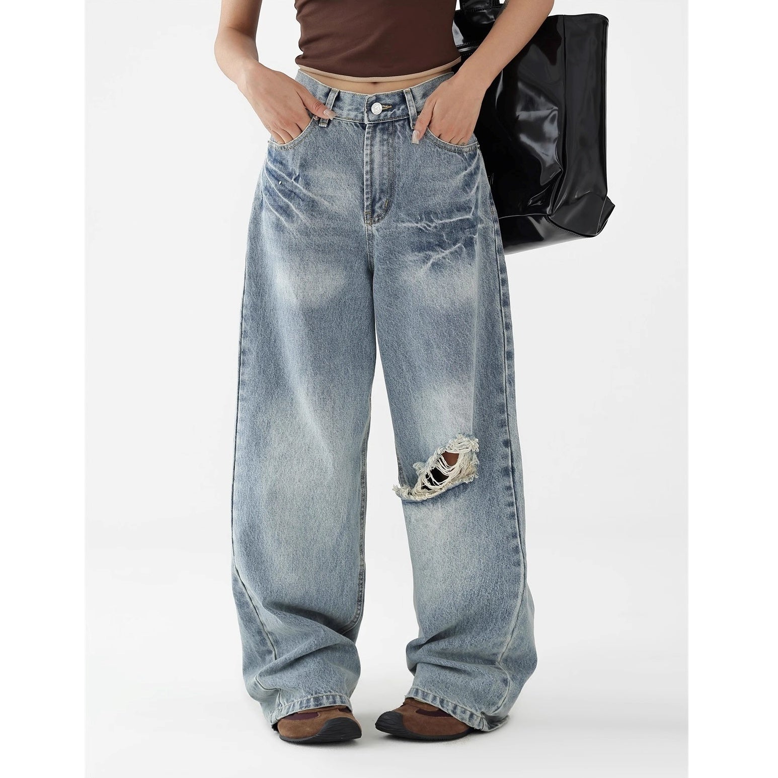 Lettering Embroidered Wide-leg Washed Ripped Jeans AC7128