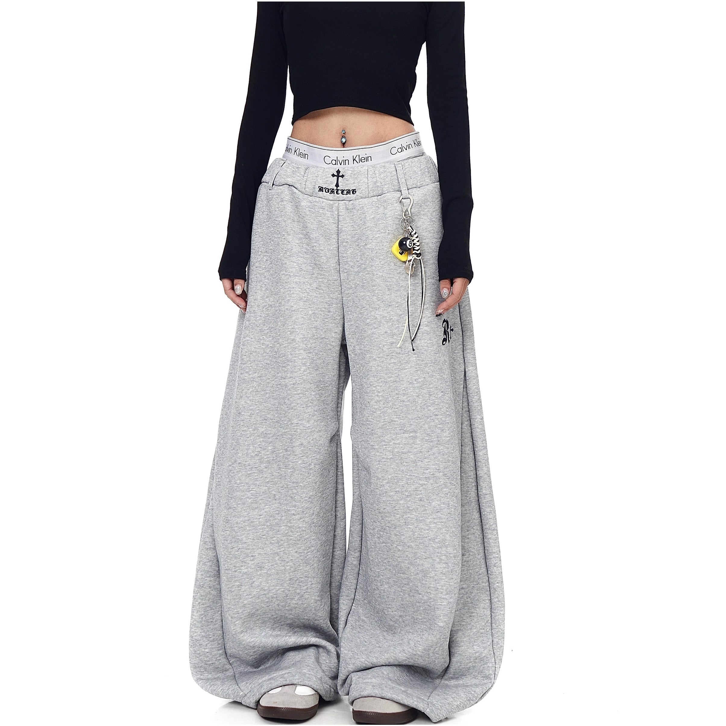 Cross Embroidery Loose Sweat Curve Pants BK7055