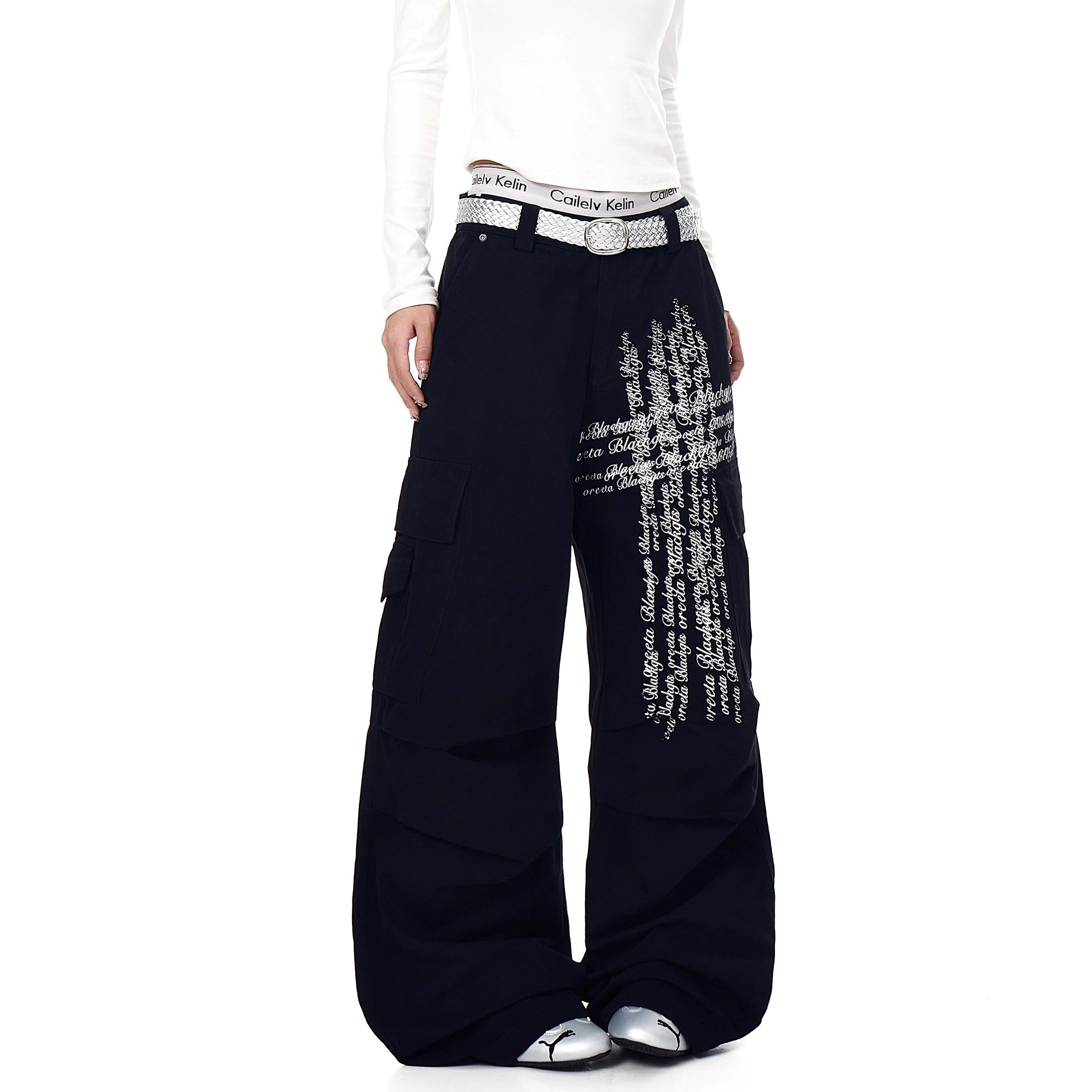 Washed Pleated Letter Print Cargo Pants BK7013