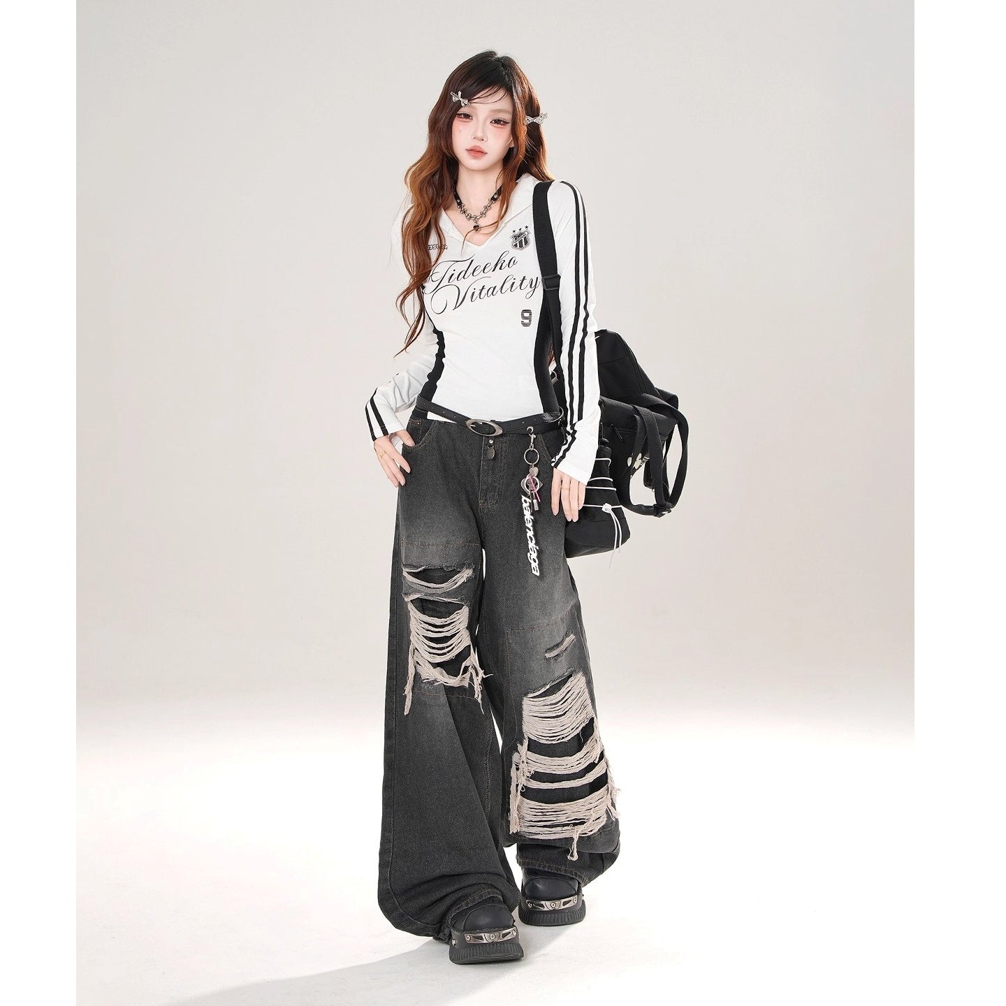 Sailor Collar Long-sleeved Bicolor T-shirt KK2079