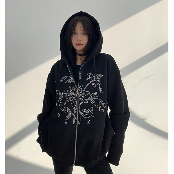Flower Embroidered Loose Hooded Jacket OS2050