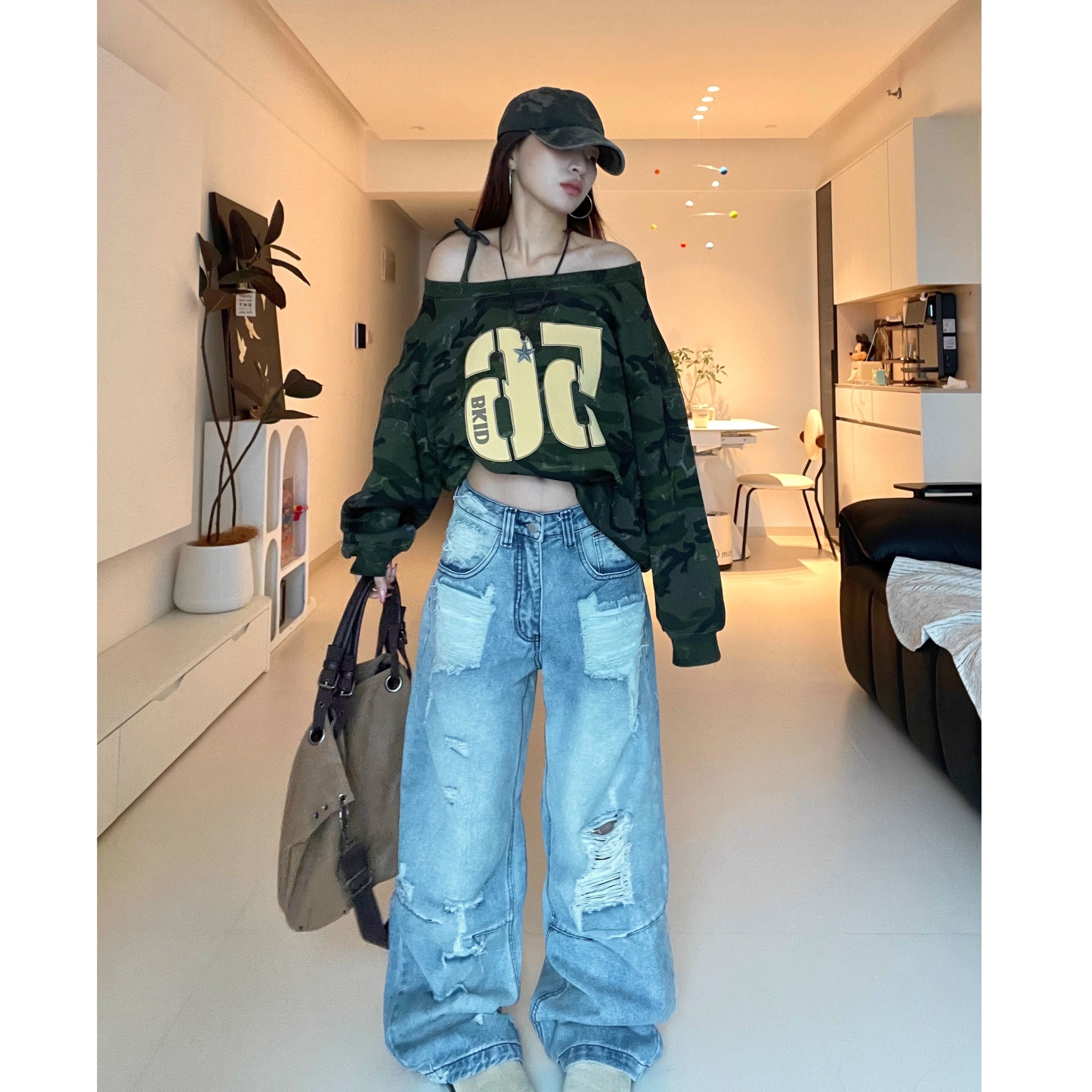 Camouflage One-shoulder Sweat MW10269