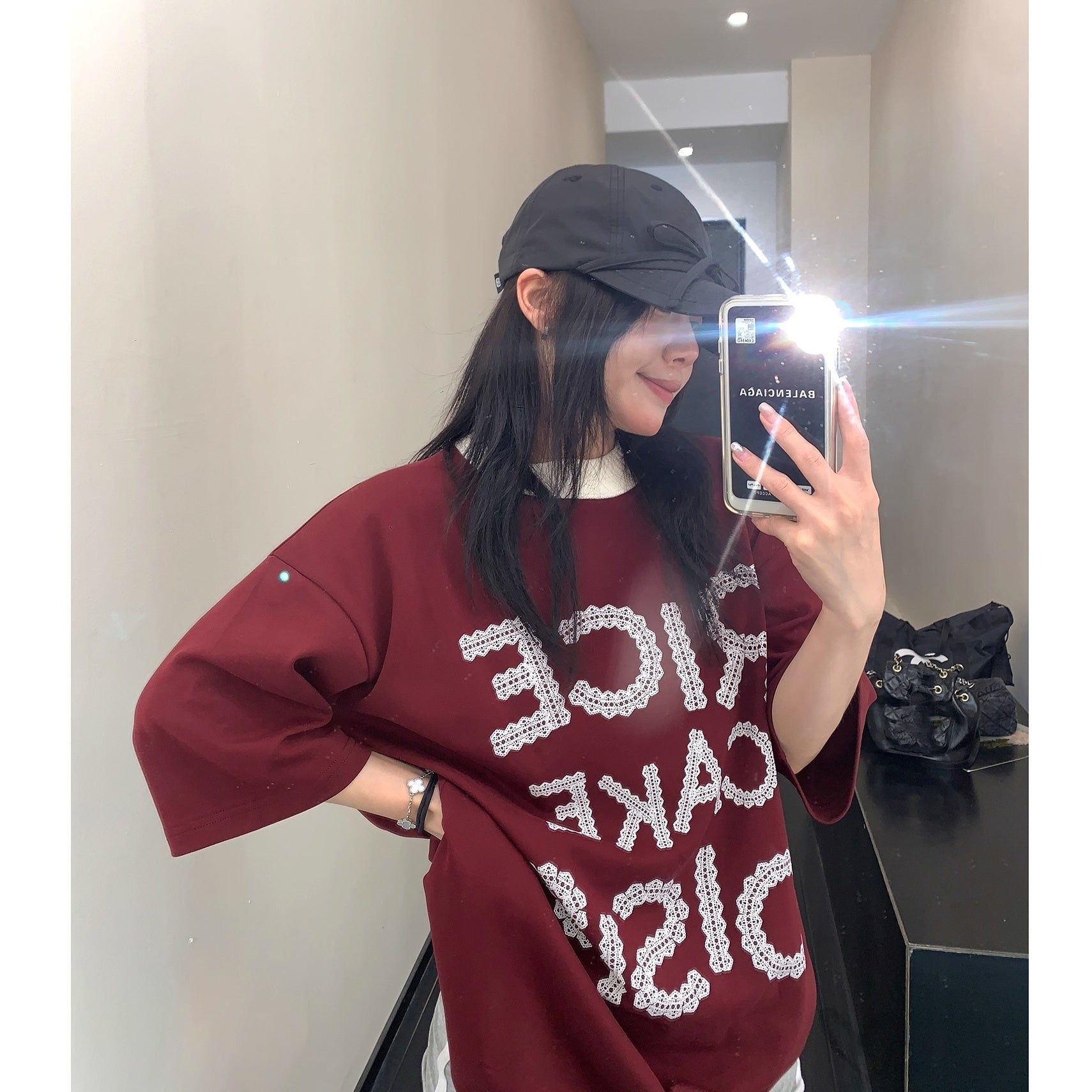 Lace Letter Loose Ringer T-shirt OS2001