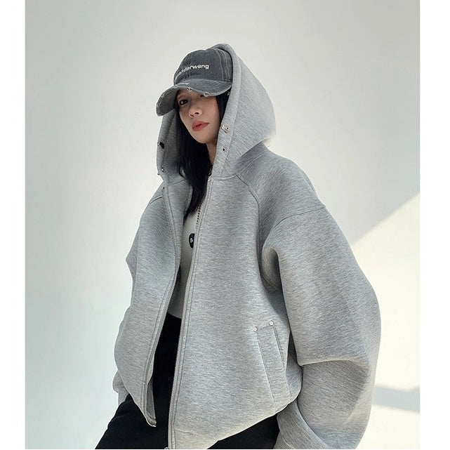 Switching Design Loose Zip Hooded Jacket OS2031